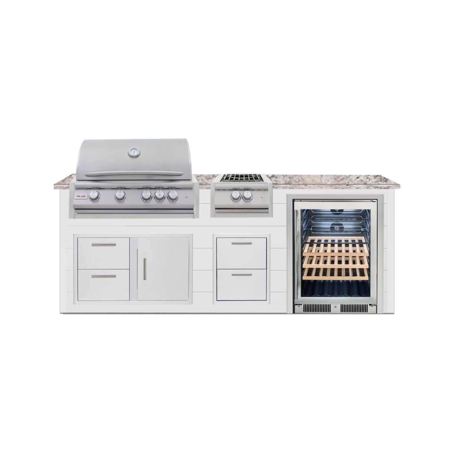 BBQGuys Signature 8-Foot Outdoor Kitchen Island w/ 32-in Propane Blaze LTE+ Grill, Power Burner & Beverage Center | Crystal White | White Granite by