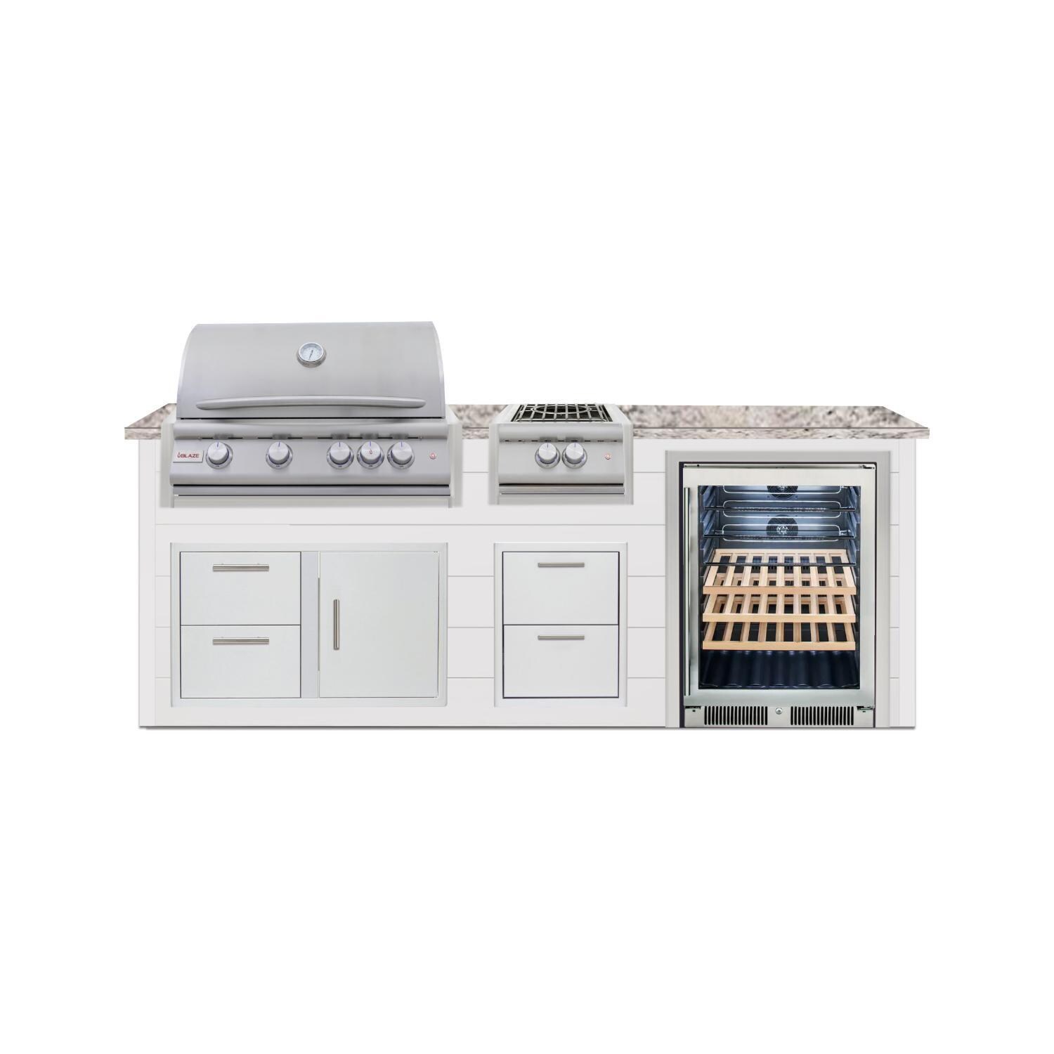 BBQGuys Signature 8 Ft Outdoor Kitchen Island w/ 32-in Natural Gas Blaze LTE+ Grill, Power Burner & Beverage Center | Crystal White w/ White Granite