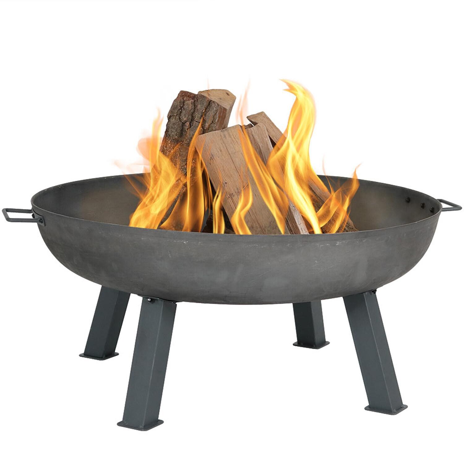 Ultimate Patio Rustic 34 Inch Round Cast Iron Wood-Burning Fire Pit in Dark Gray - Lit Flame Detail - White Background thumbnail