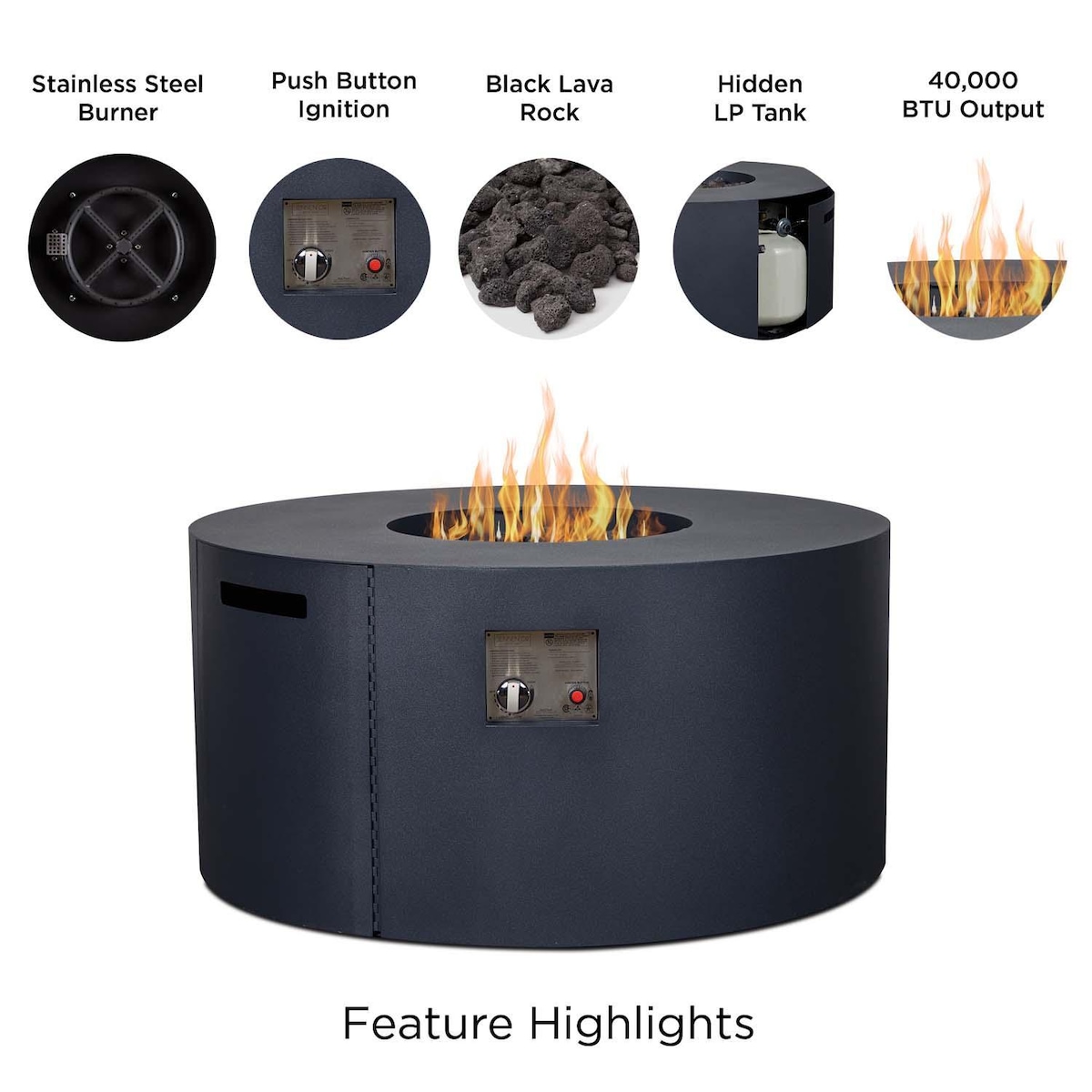 Covewood 41 Inch Round Aluminum Propane Fire Pit Table in Black by BBQGuys Signature - Features