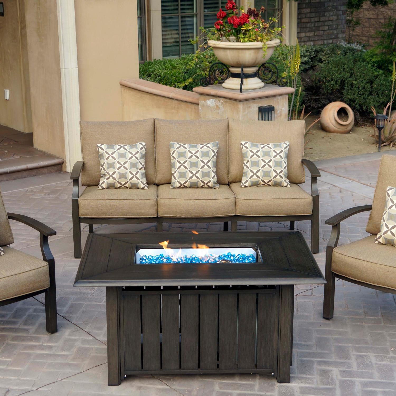 Darlee B/207-4PC-38QB Brooklyn 4 Piece Aluminum Patio Fire Pit Conversation Set w/ Sesame Polyester Cushions thumbnail
