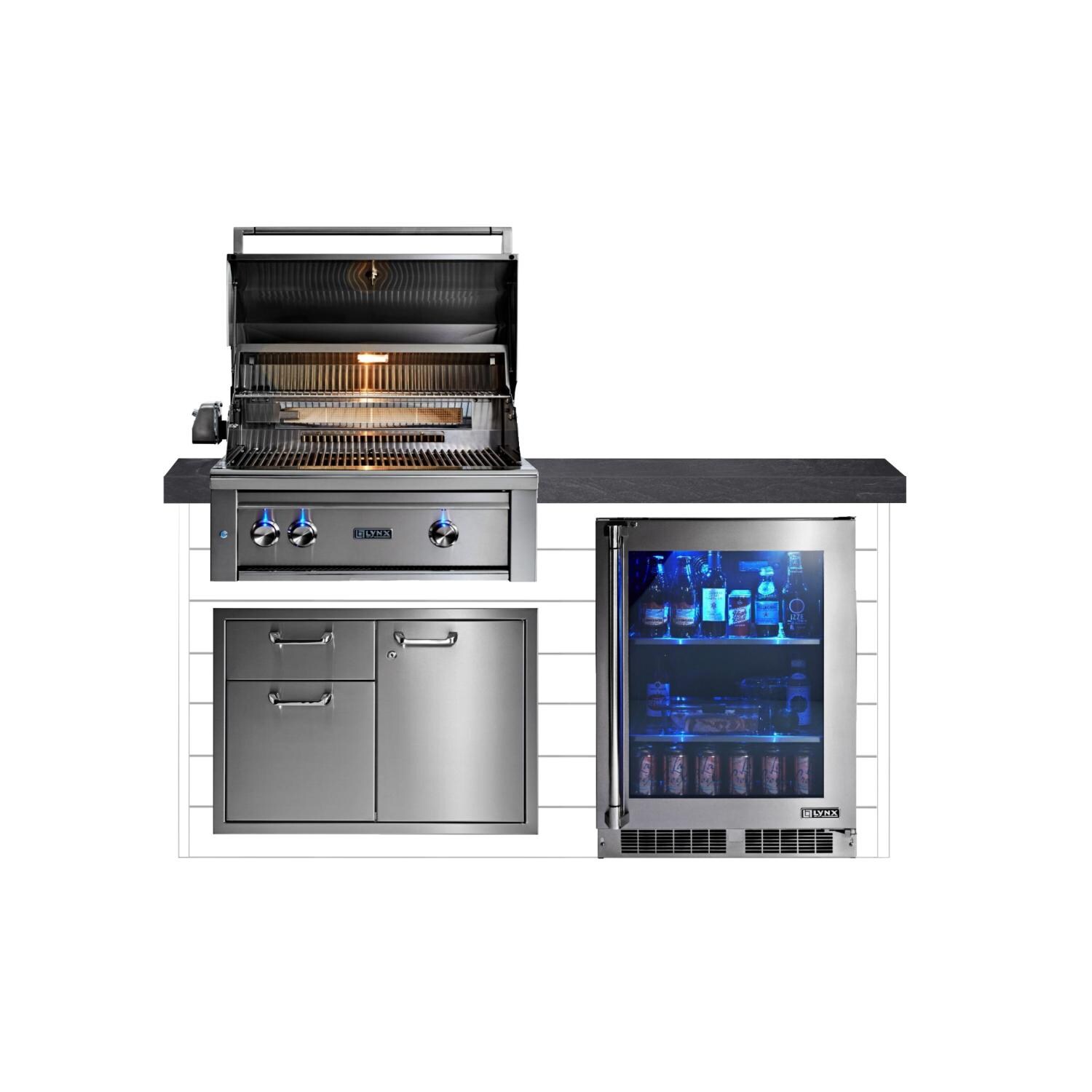 BBQGuys Signature 6ft Luxury Outdoor Kitchen w/ Lynx Professional 30-Inch Propane Grill & Refrigertor - Canvas White Steel w/ Black Polished Granite - White Background thumbnail