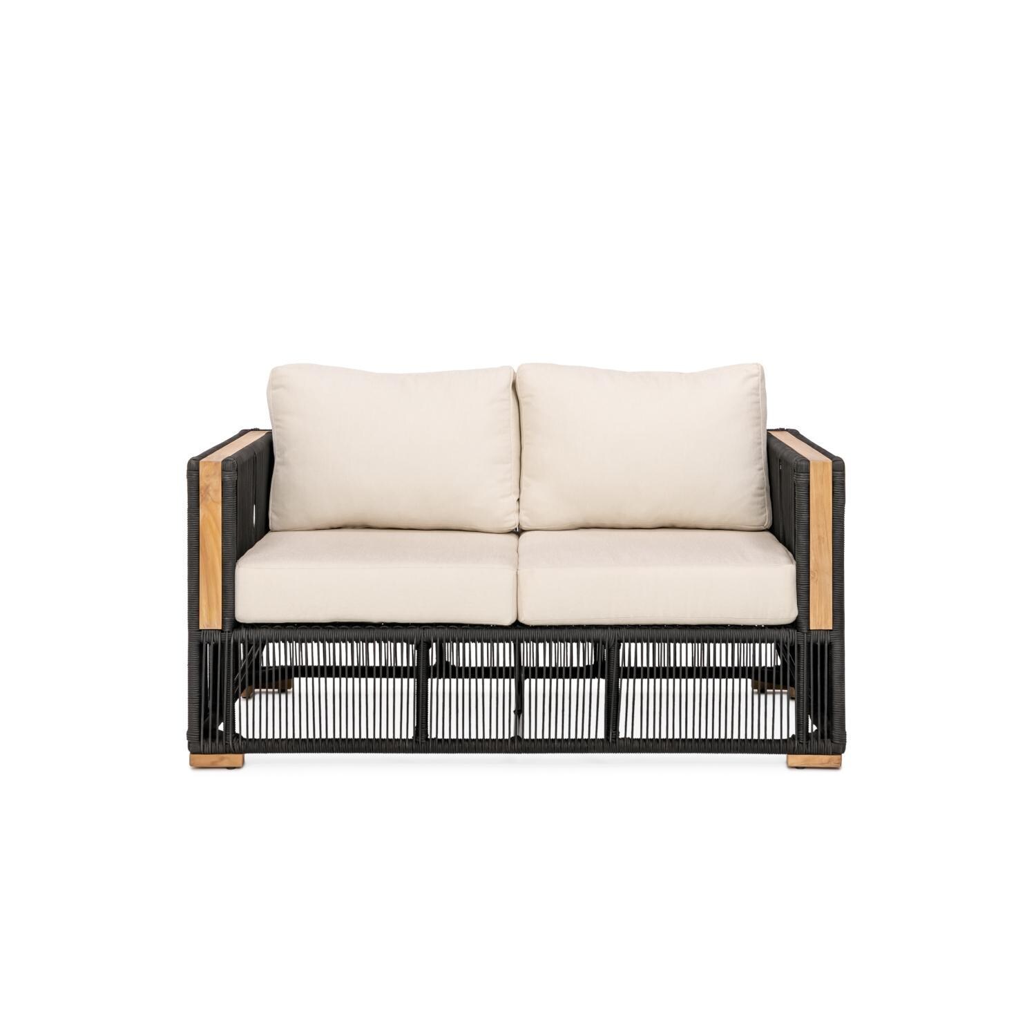 Breeze Olefin Rope & Teak Patio Loveseat in Charcoal/Sand By Teak + Table