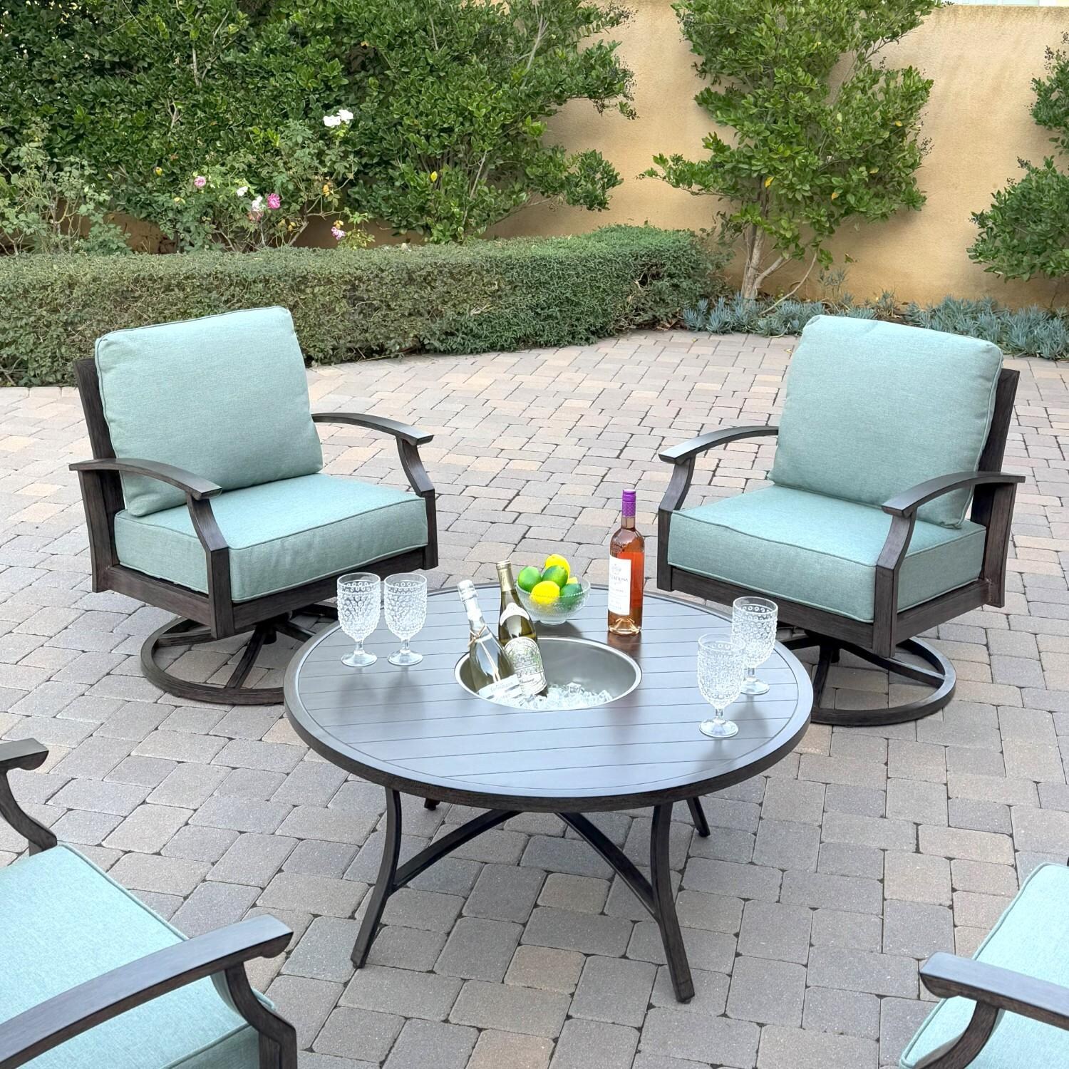 Atlantis 5 Pc Aluminum Seating Set w/ 4 Swivel Rocker Club Chairs & Ice Bucket in Walnut/Spa by Darlee - Chairs At Table - Lifestyle thumbnail