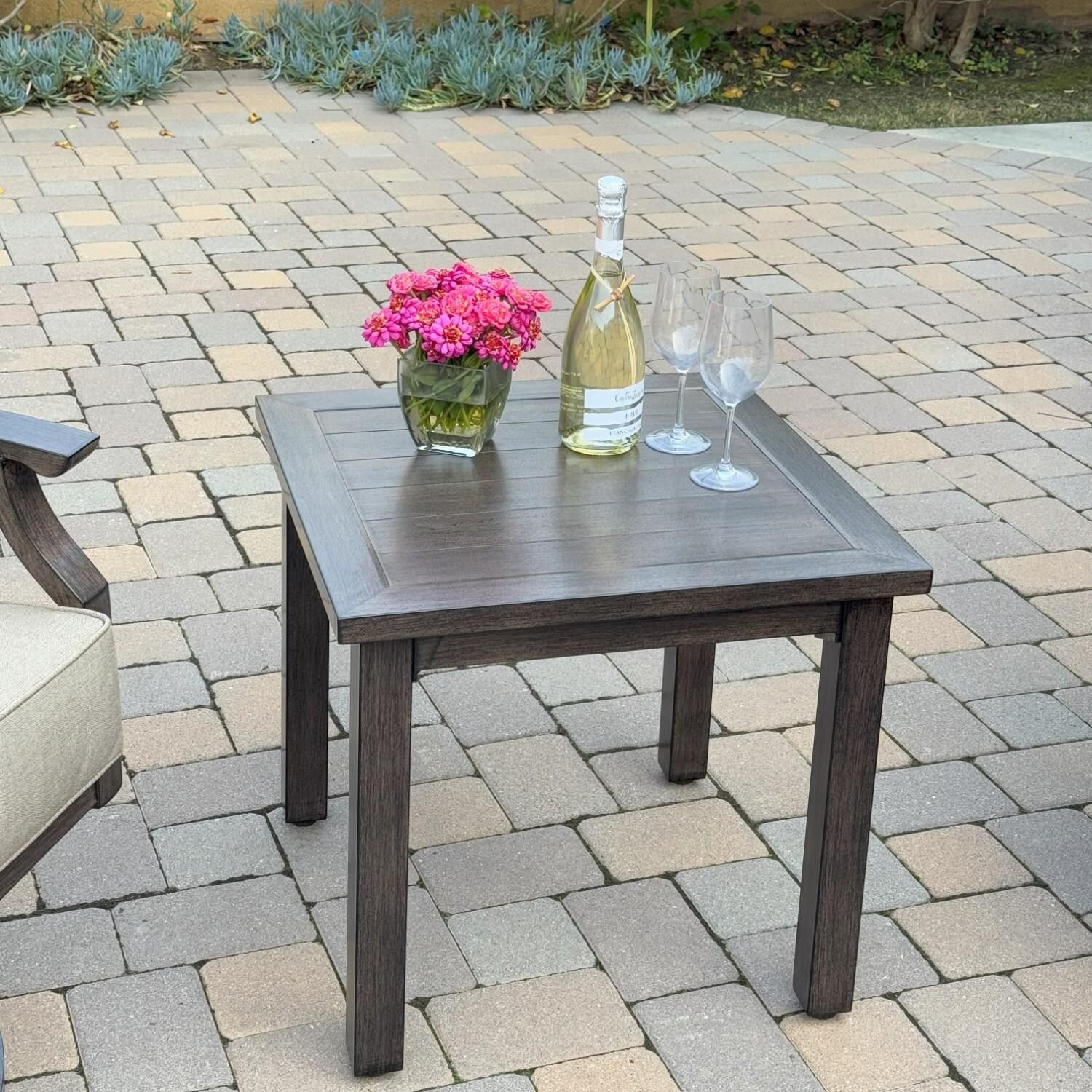 Atlantis 3 Pc Aluminum Seating Set w/ 2 Swivel Rocker Club Chairs in Walnut/Beige by Darlee - Table Close-up - Lifestyle thumbnail