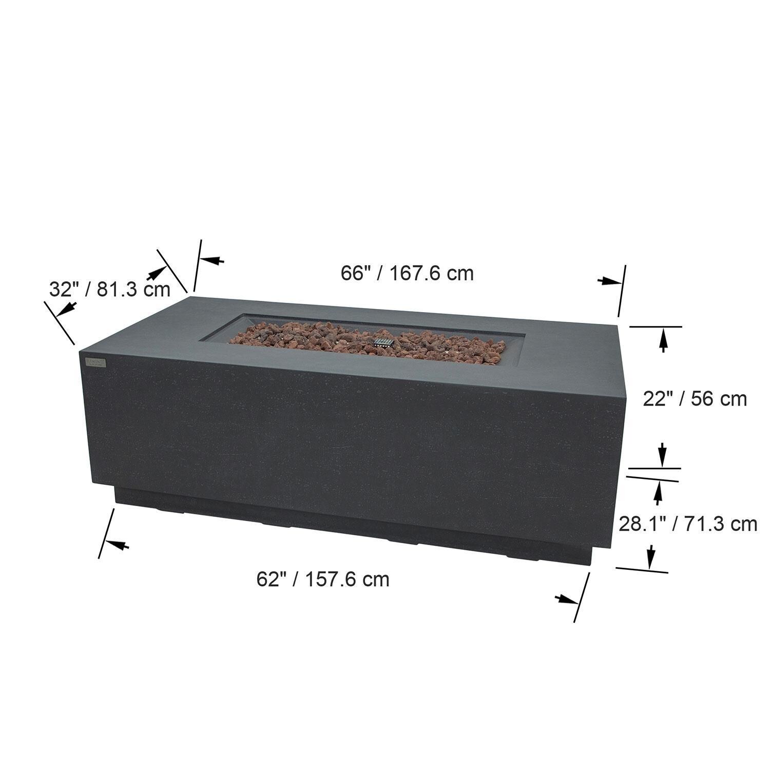 Andes 66 Inch Hidden Tank Rectangle GFRC Concrete Natural Gas Fire Table in Dark Gray By Elementi - Dimensional thumbnail