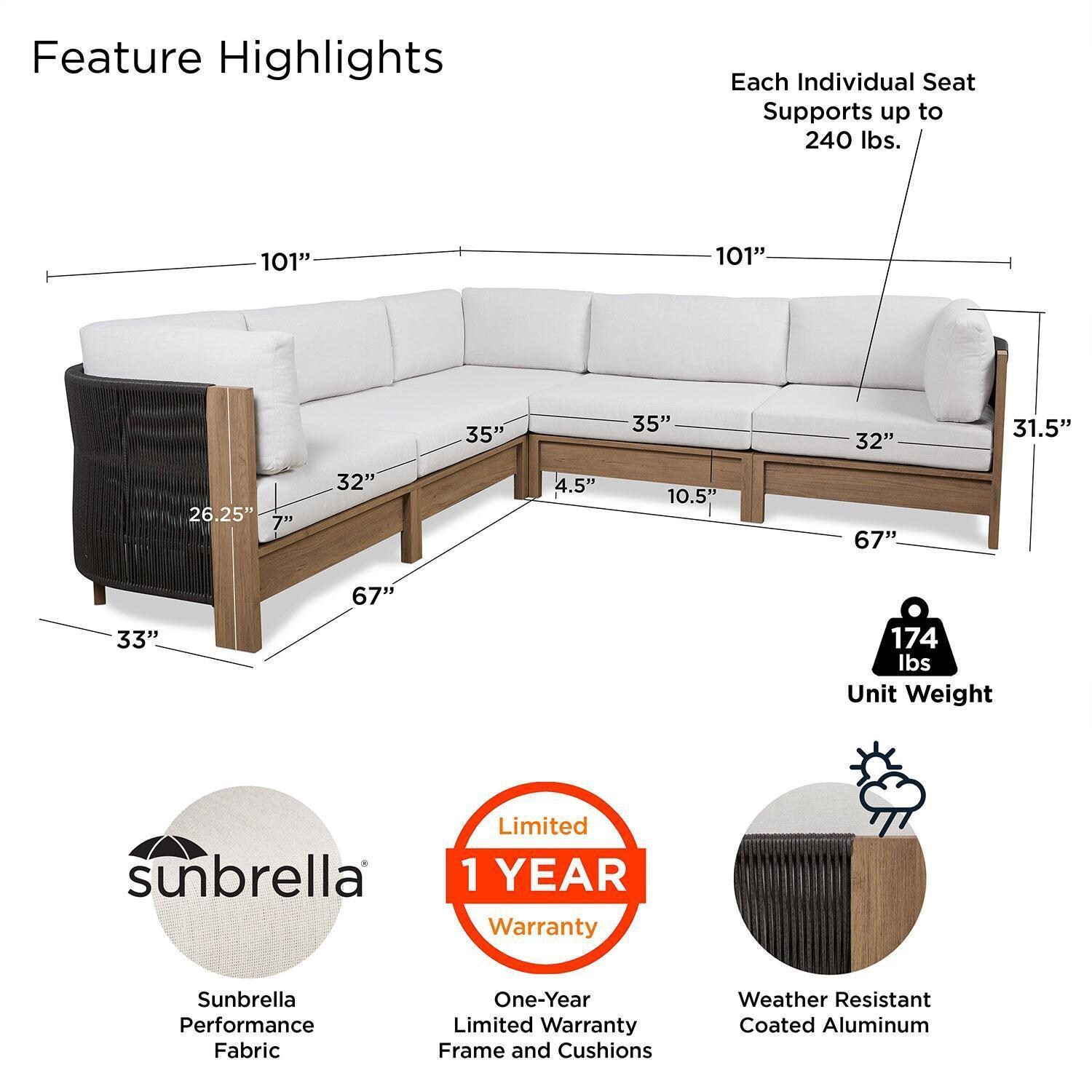 Heritage Outdoor 5 Pc Modular Sectional Sofa in Beechwood W/ Sunbrella Cushions by Lakeview - Features - Detail thumbnail