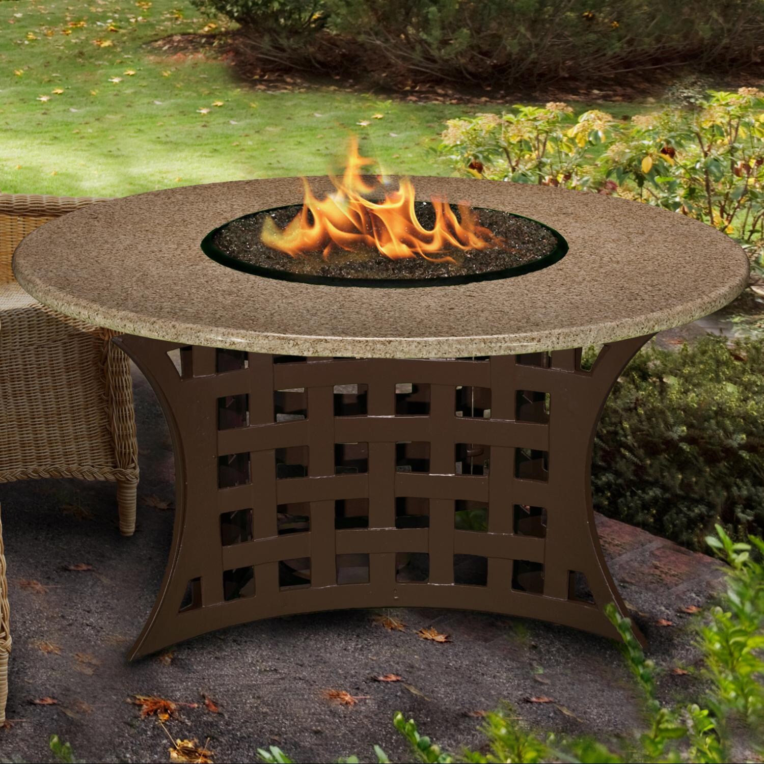 La Costa 48-Inch Propane Fire Pit Table By California Outdoor Concepts - Chat Height - Brown Base - Sunset Gold Granite Top - Black Fire Glass