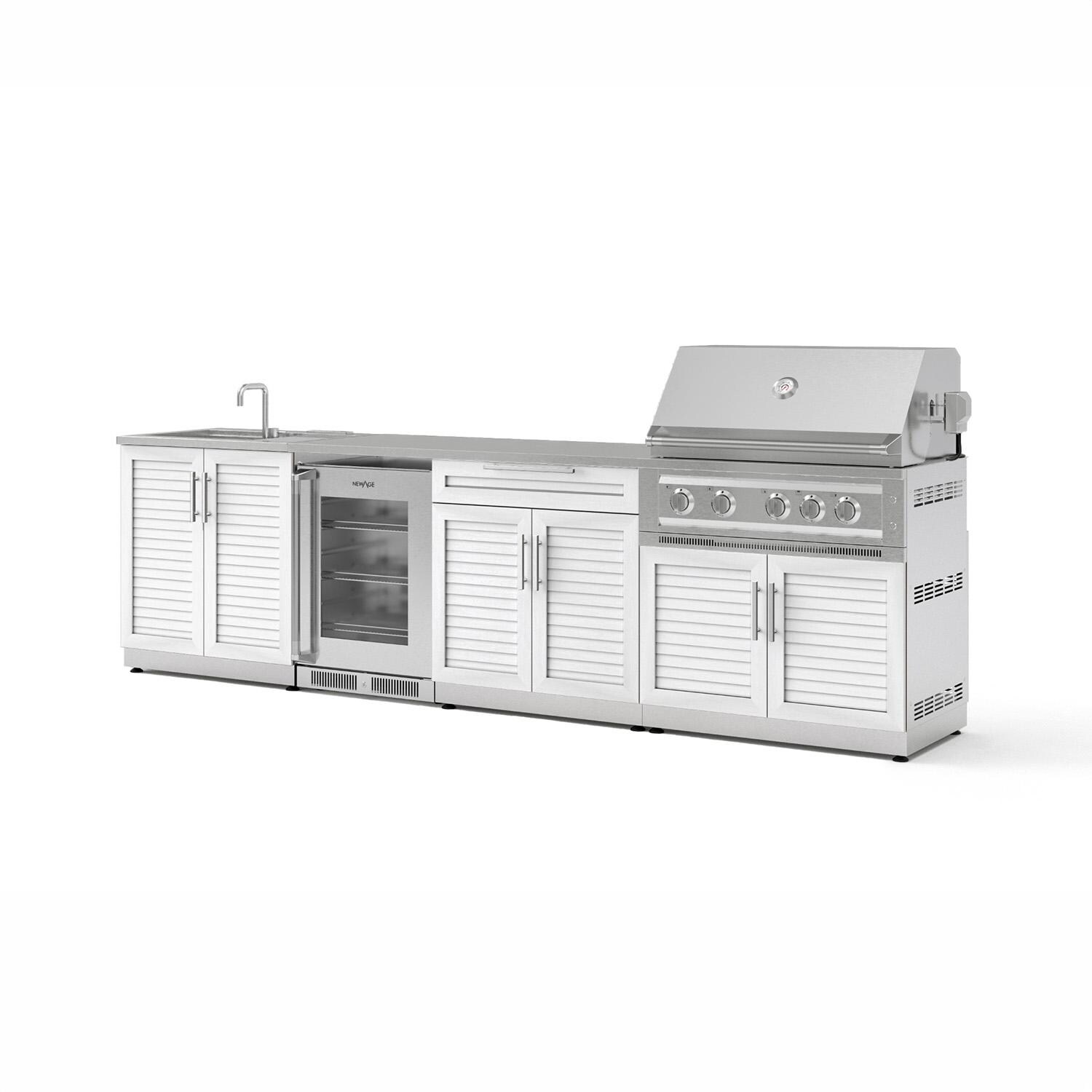 NewAge Products 71528 Classic Series 10 1/2 Ft Outdoor Kitchen Island w/ 36-in Natural Gas Grill, Sink, Glass Door Refrigerator, Trash Bin, Door & Drawer in White/Stainless Steel - Angled - White Background thumbnail