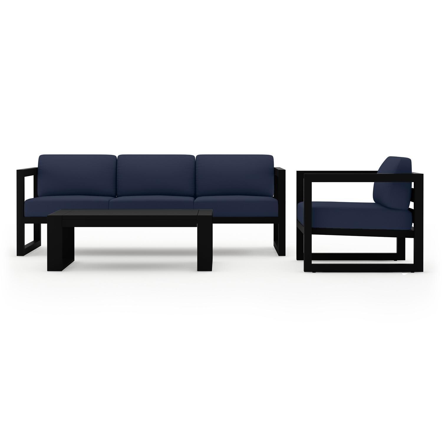 Lakeview MSTYCV-BK-3SS-IN Misty Cove 3 Pc Aluminum Seating Set in Black w/Portal Coffee Table & Spectrum Indigo Cushions by Lakeview Outdoor Designs - Set Front View - White Background thumbnail