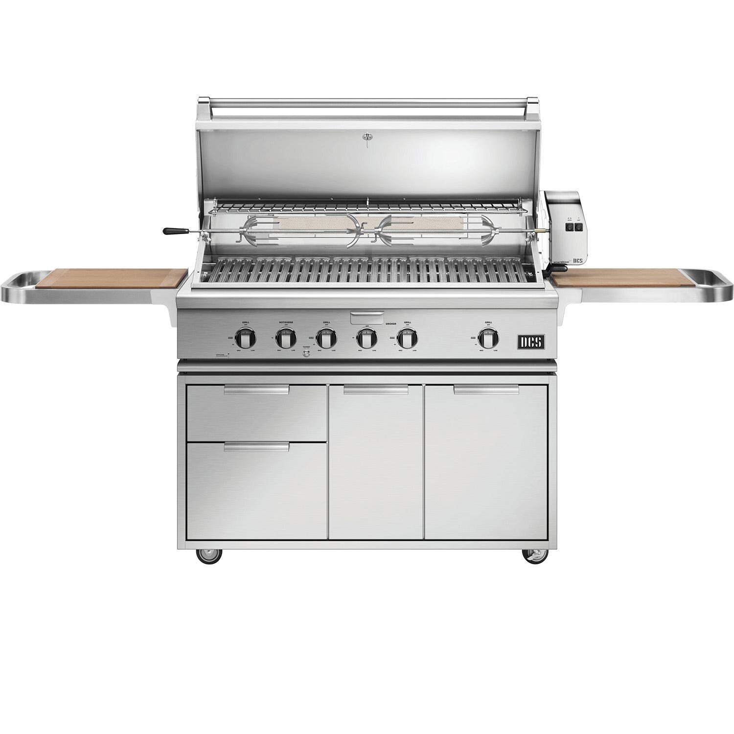 DCS BH1-48RI-L Series 7 48 Inch Freestanding Propane Grill With Rotisserie, Infrared Burner & Cutting Board Shelves - Open View thumbnail