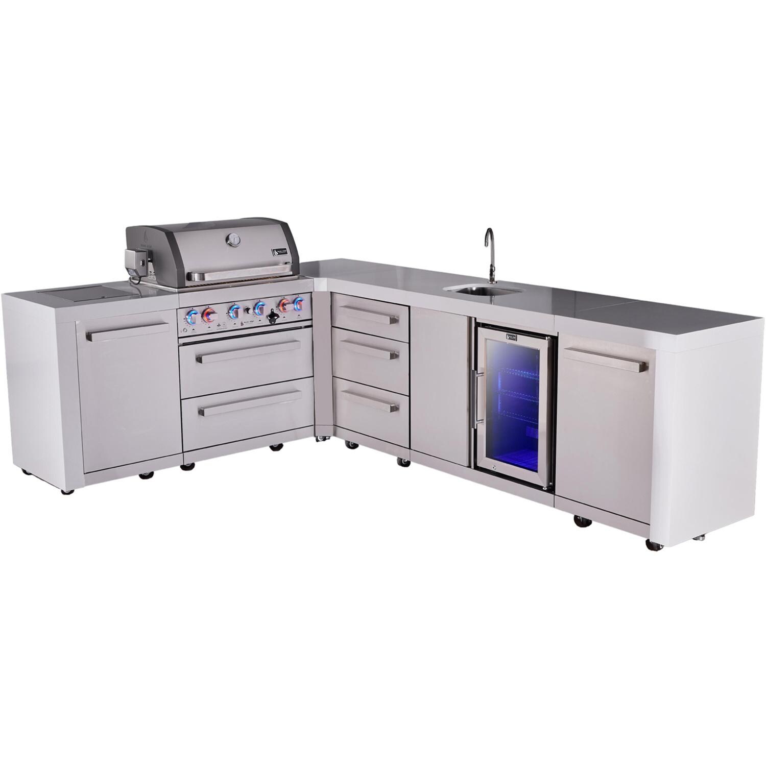 Mont Alpi Deluxe Series 9 1/2 Ft L-Shaped Natural Gas Outdoor Kitchen Island w/ 32-in Grill, Side Burner, Beverage Center & Triple Drawer (Ships Propane w/ Conversion Kit) - Island - White Background thumbnail