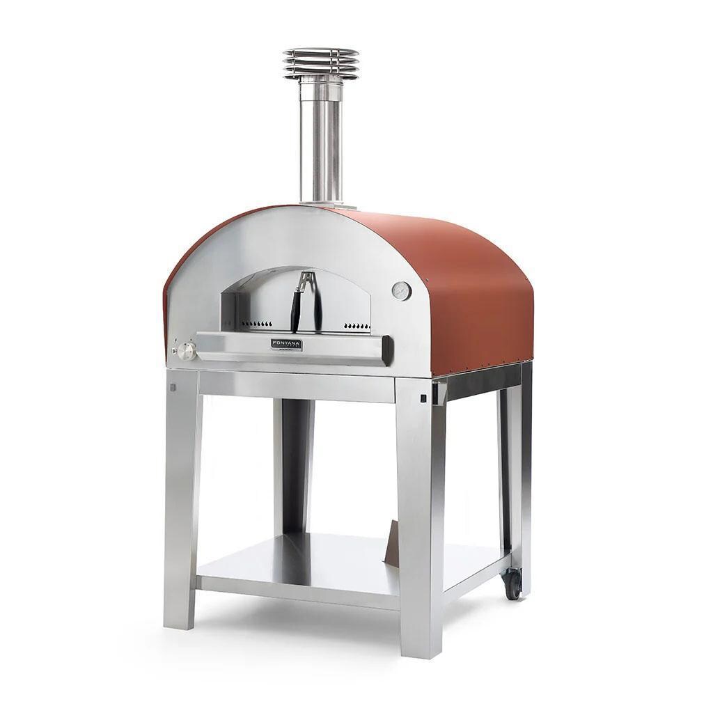 Fontana Forni FTROM-H-R Roma Hybrid Pizza Oven - Red - On Portable Cart In Use (Optional) - White Background thumbnail
