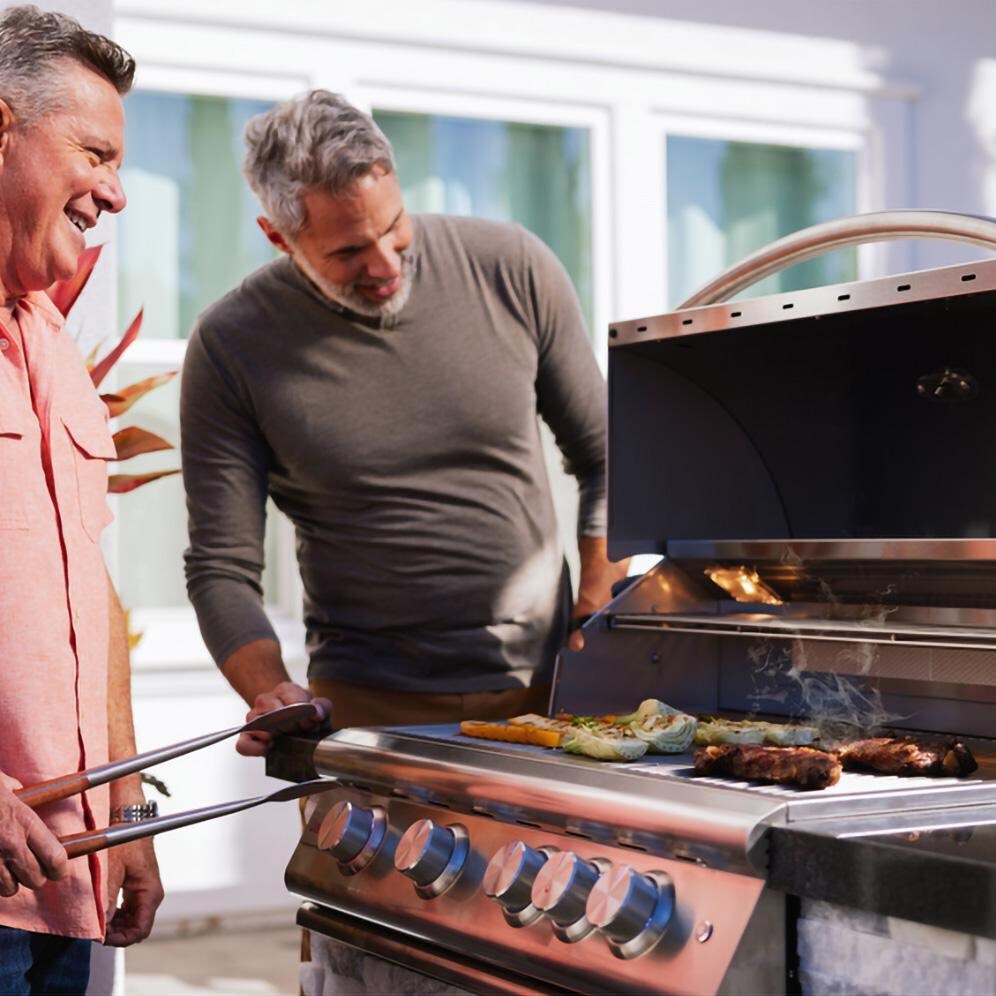 BBQGuys Signature 6 Ft Grill Island w/ 32 Inch Natural Gas Blaze Premium LTE+ Grill, Refrigerator & Door & Drawer | Alaska Gray w/ Black Granite - Grilling - Lifestyle thumbnail