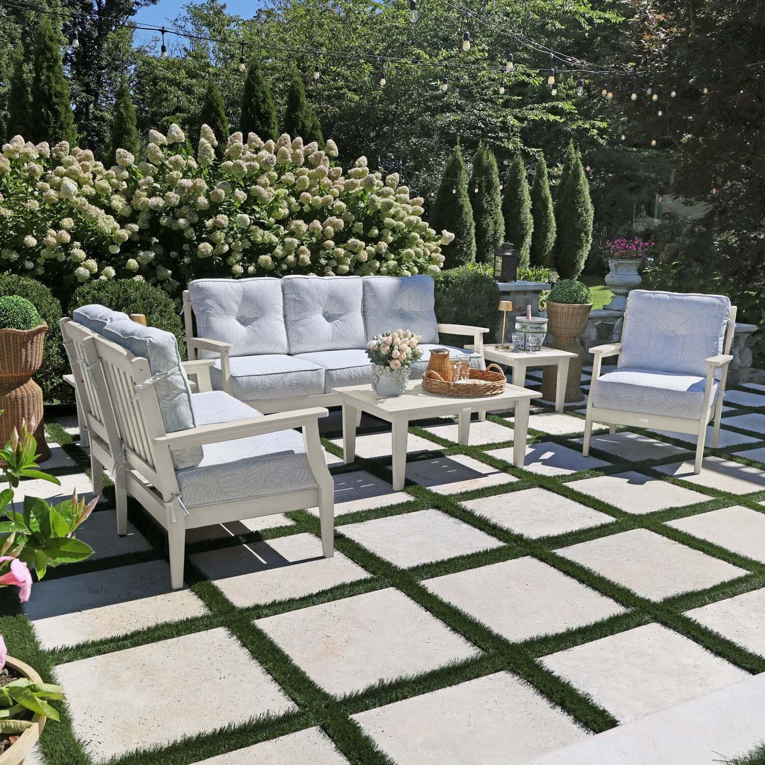 Blushing Bay 6 Pc Recycled Plastic Grand Seating Set in Lively Parchment/Whitewash by Lakeview Outdoor Designs - Left Angled - Lifestyle thumbnail