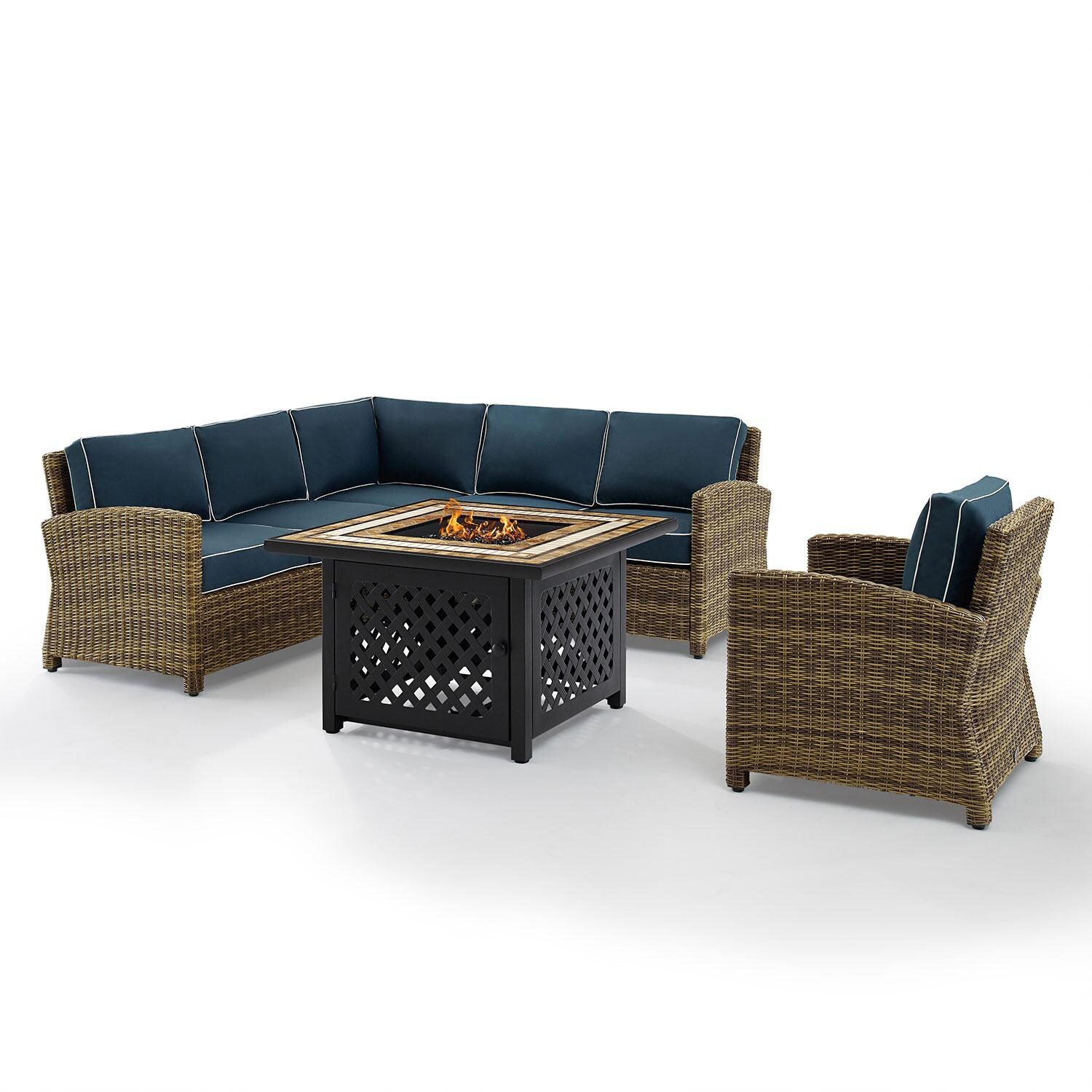 Ultimate Patio UP-92392-NV 5Pc Wicker Outdoor Sectional Set W/ Fire Table in Navy - Front View - White Background thumbnail