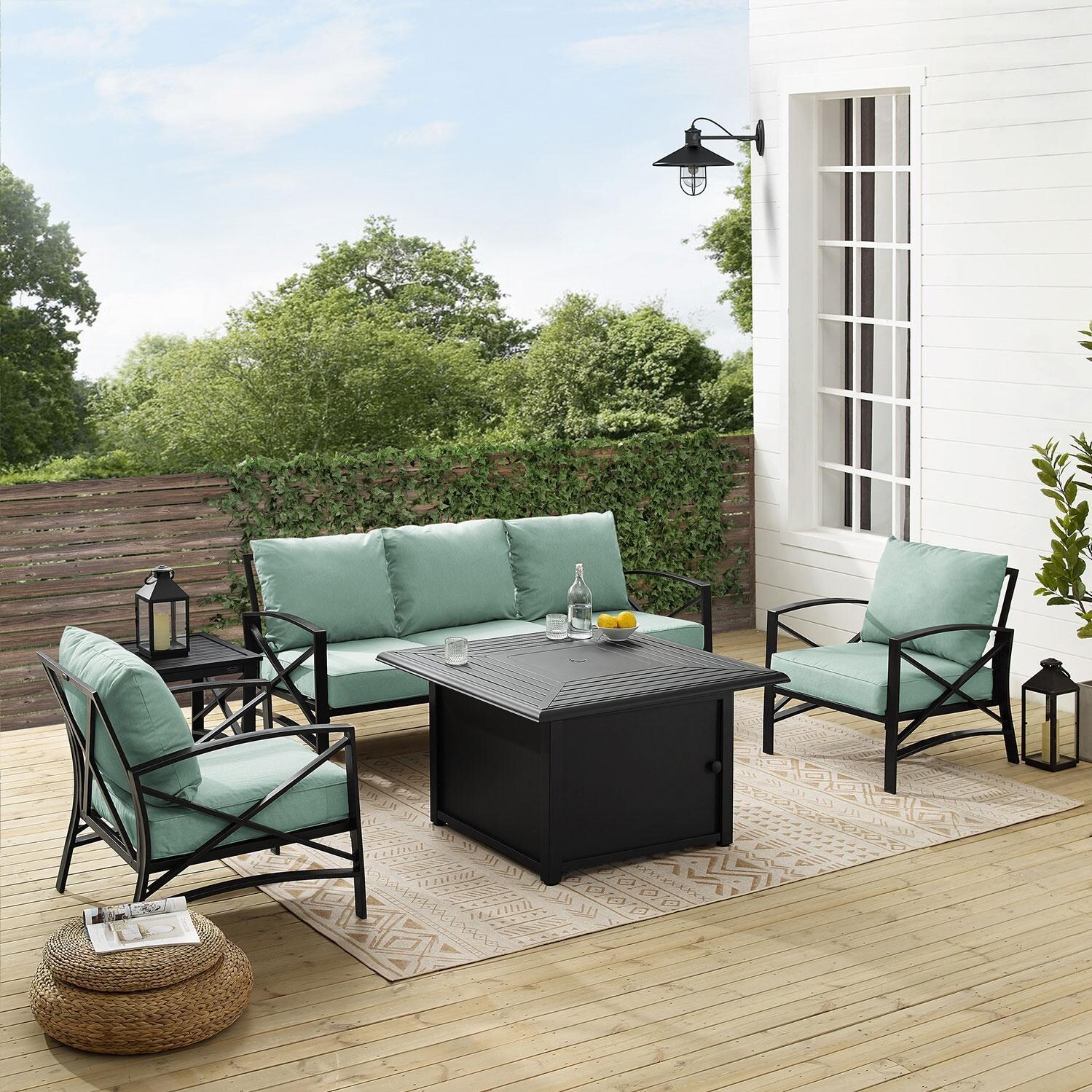 Ultimate Patio UP-82269BZ-MI 5Pc Outdoor Sofa Set W/ Fire Table in Mist - On Patio W/ Fire Table Off - Lifestyle thumbnail