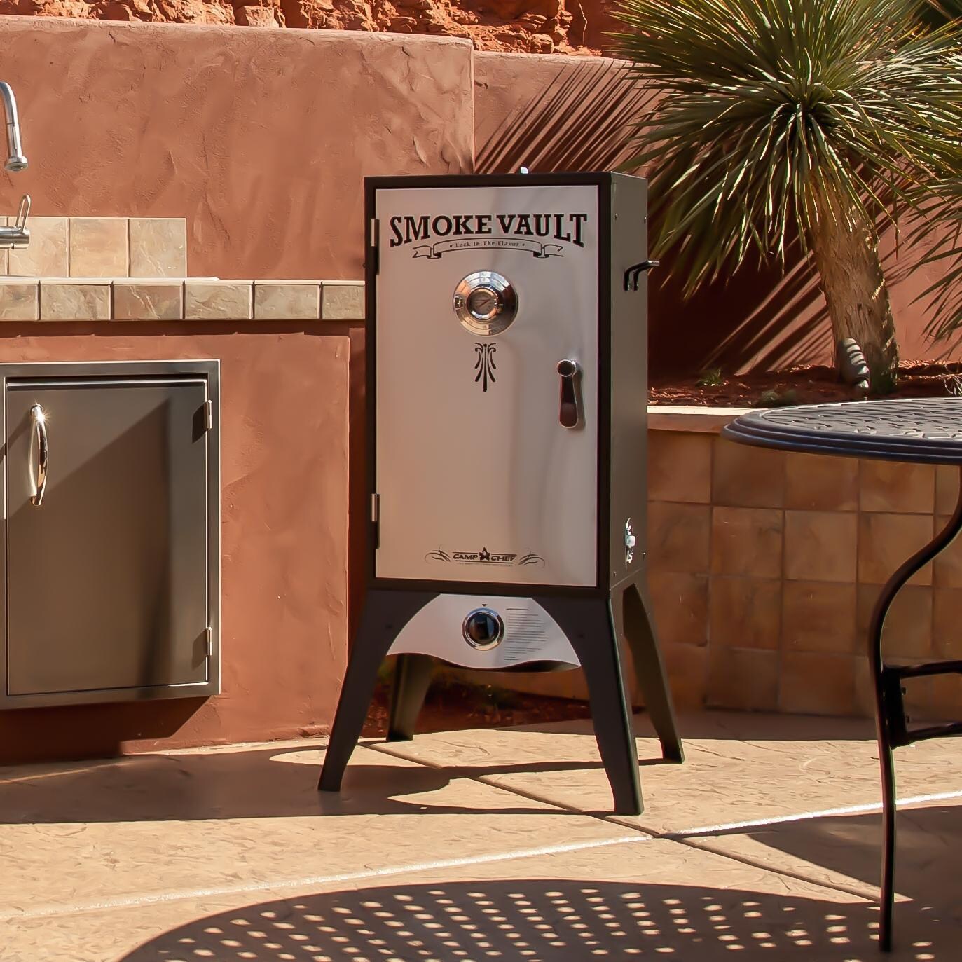 Camp Chef 18 Inch Smoke Vault Propane Gas Smoker - Shown in Outdoor Kitchen - Lifestyle thumbnail