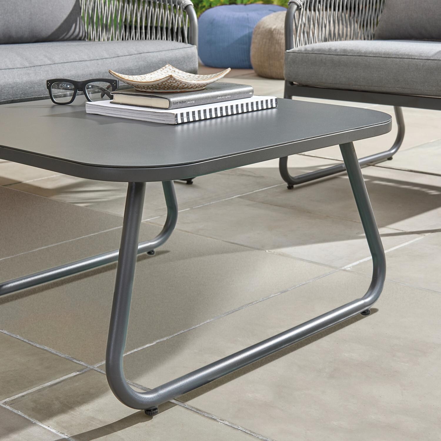 Kingston 4 Pc Aluminum/Rope Seating Set w/ Charcoal Gray Cushions By KETTLER - Coffee Table - Lifestyle thumbnail