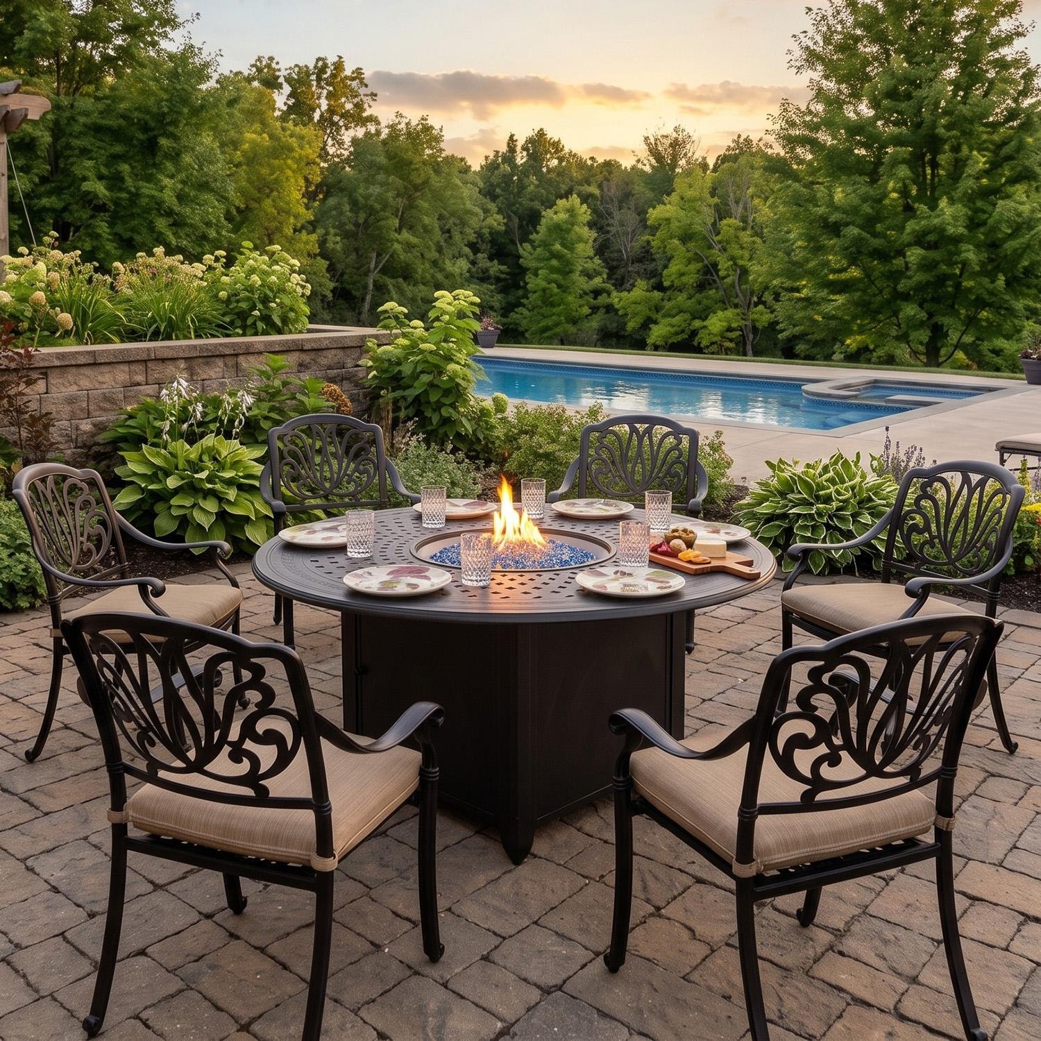 Darlee Elisabeth 7 Pc Cast Aluminum Fire Pit Dining Set w/ 60 Inch Round Table in Antique Bronze/Beige Canvas - Set - Lifestyle thumbnail