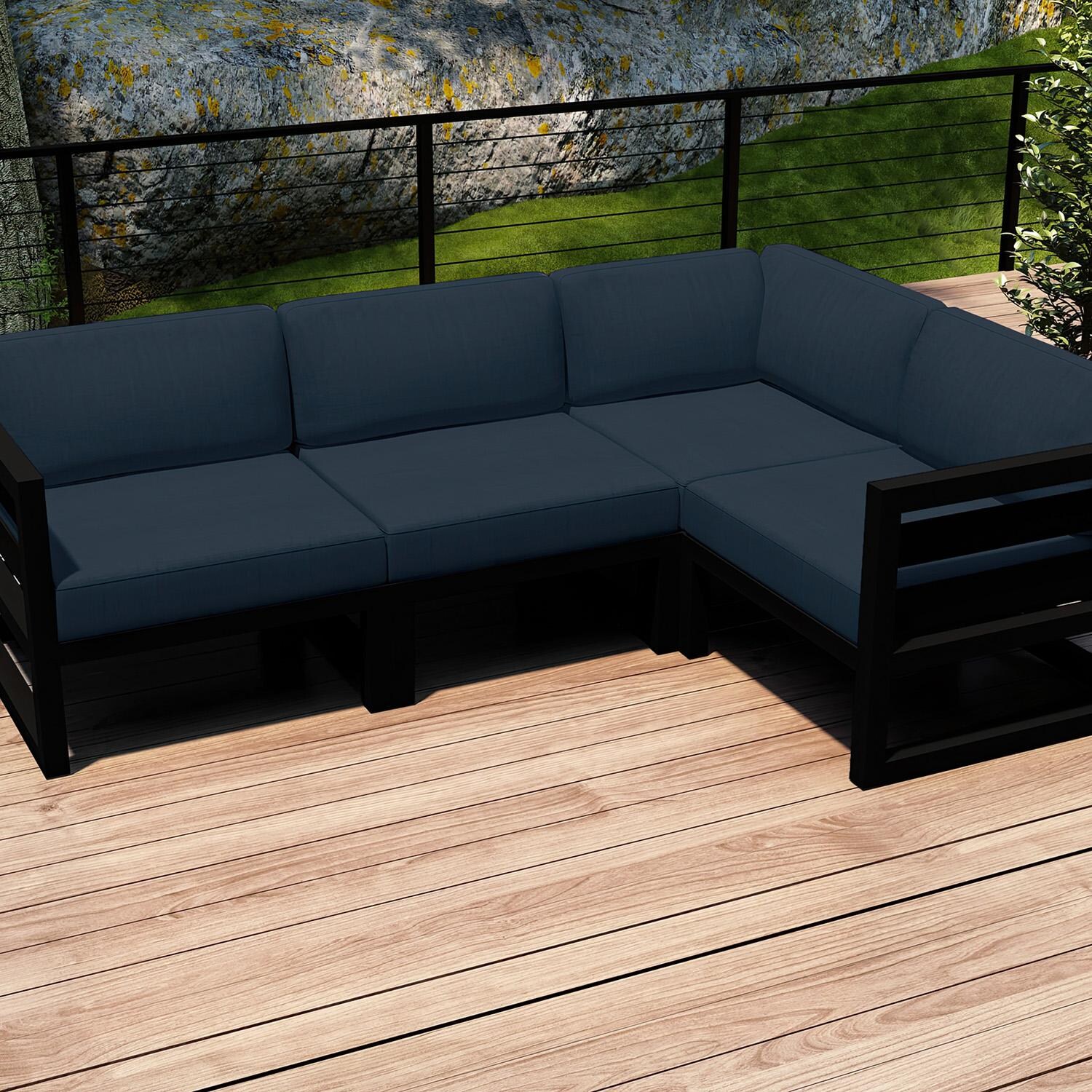 Lakeview MSTYCV-BK-4SEC-IN Misty Cove 4 Pc Aluminum Sectional Set in Black w/Spectrum Indigo Cushions by Lakeview Outdoor Designs - Set on Deck Cropped - Lifestyle thumbnail