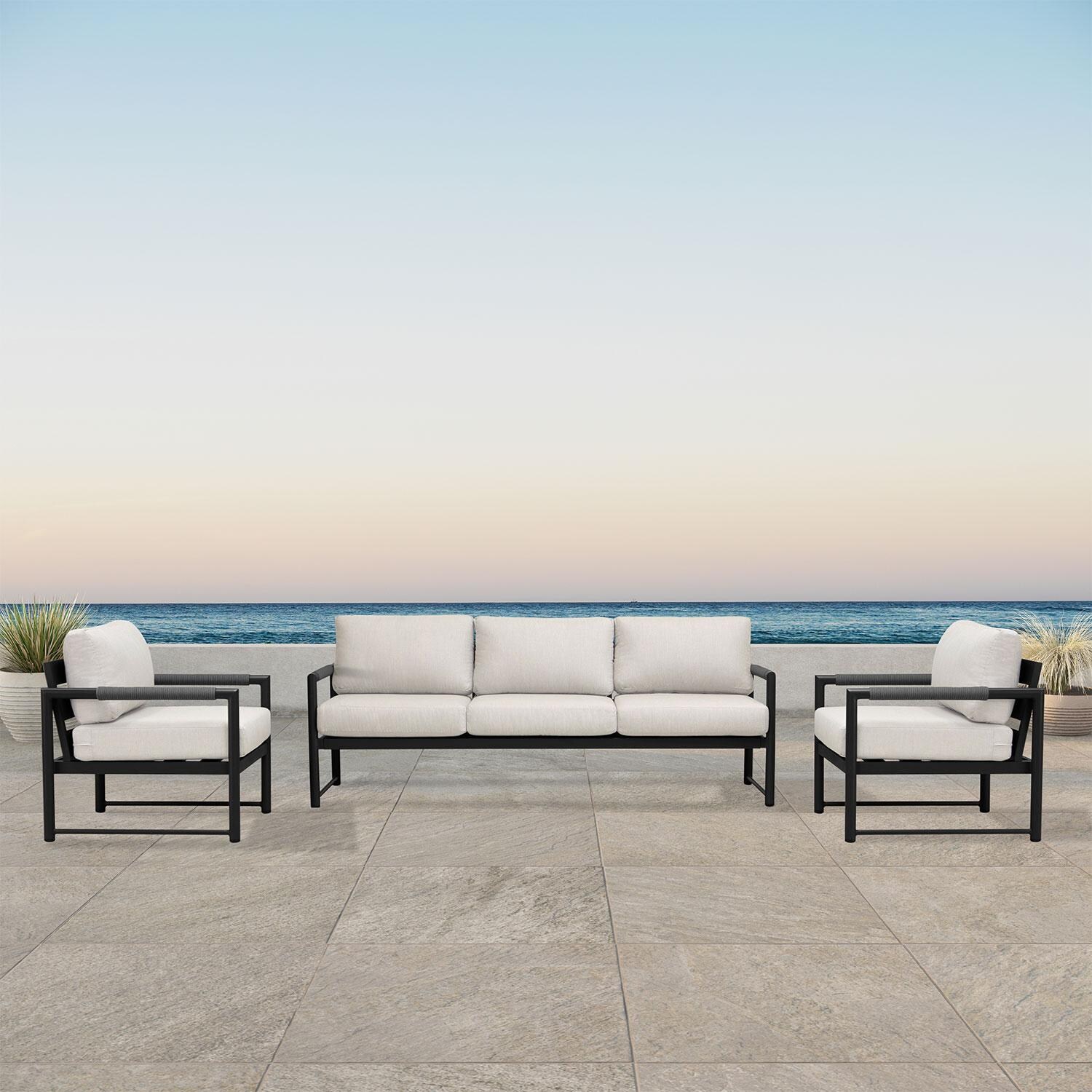 Lakeview AVEBAY-BK-CO-SET141-CS Avenue Bay Black/Carbon 3 Pc Sofa Club Chair Set - Cast Silver - On Patio - Lifestyle thumbnail