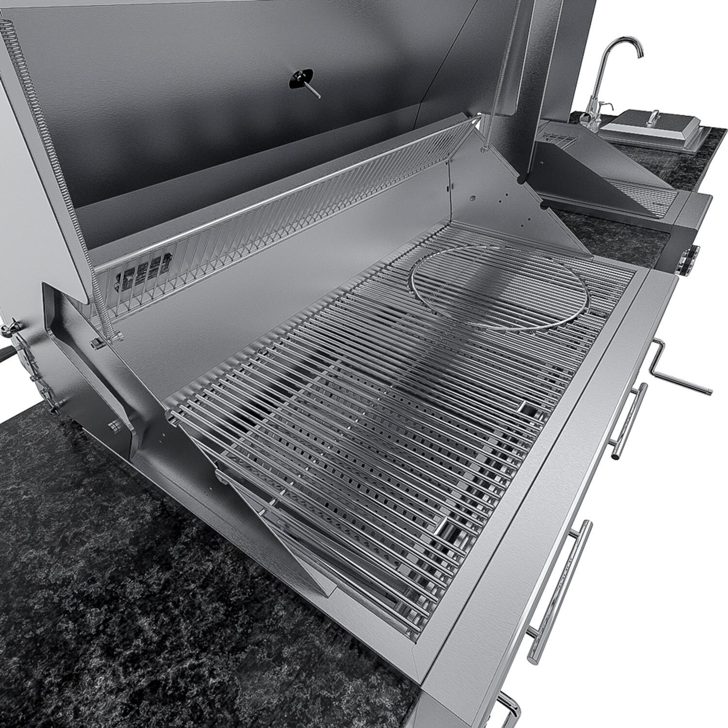 Sunstone Grills SCPDALLAS14-NG Dallas 14 Ft Outdoor Kitchen Island w/ Natural Gas Grill & Side Burner, Sink, Refrigerator, Trash Bin, Door & Drawer - Grill Open - Detail thumbnail