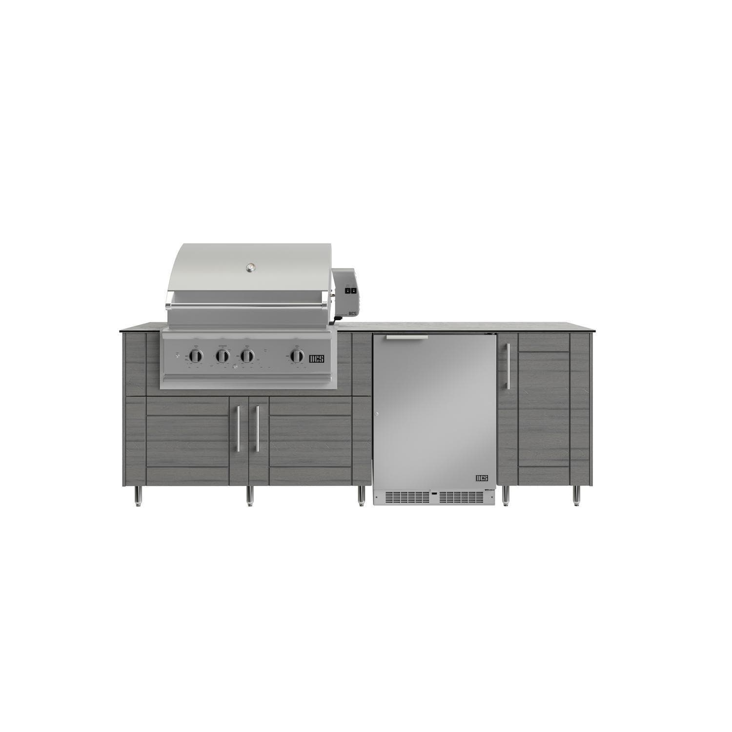 WeatherStrong Bimini 7 1/2 Ft Outdoor Kitchen Island w/ DCS Natural Gas Grill & Refrigerator in Dark Ash/Glacier Frost