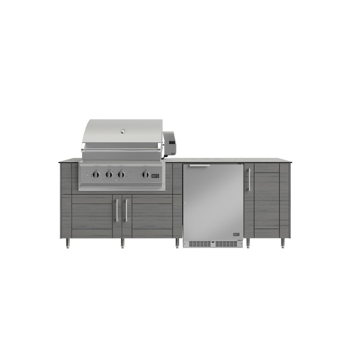 WeatherStrong Bimini 7 1/2 Ft Outdoor Kitchen Island w/ DCS Natural Gas Grill & Refrigerator in Dark Ash/Glacier Frost - Island - White Background thumbnail