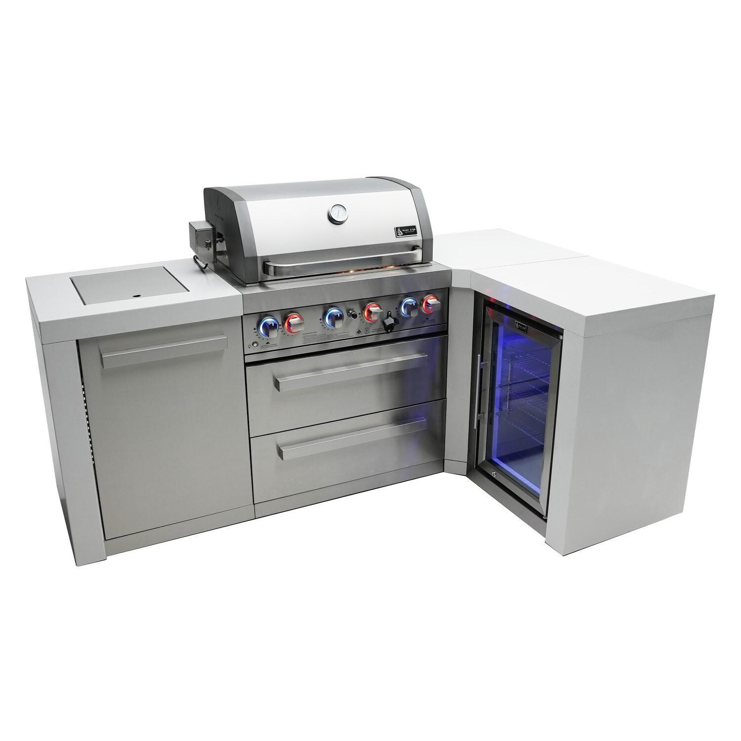  Mont Alpi - MAi400-D90FC - Deluxe 90 Degree Propane Gas Island Grill W/ Refrigerator Cabinet, Infrared Side Burner, & Rotisserie Kit - Closed Burners On Front - White Background thumbnail