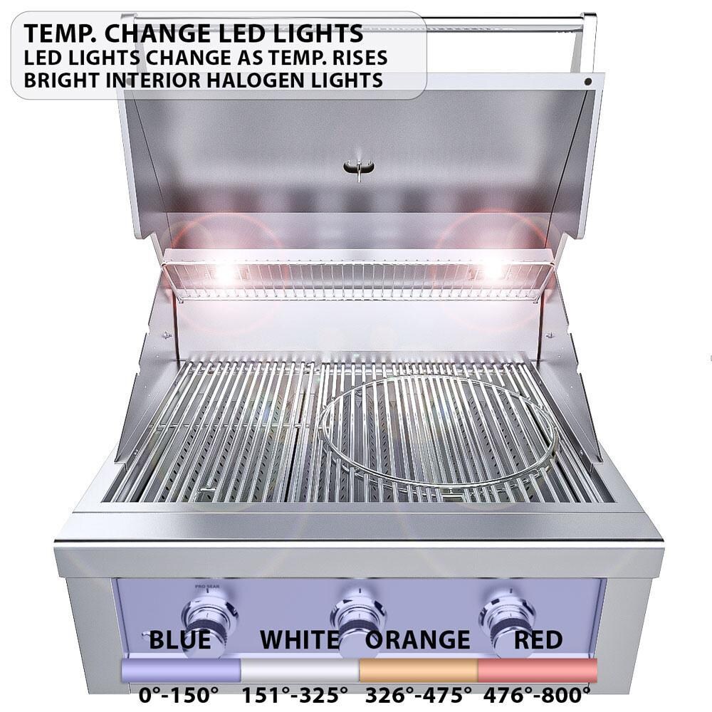 Sunstone Ruby3B-LP Ruby 30-in 3-Burner Built-In Propane Gas Grill - Temp. Change LED Lights - White Background thumbnail
