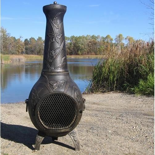 The Blue Rooster Butterfly Style Cast Aluminum Chiminea With Natural Gas Conversion Kit - Gold Accent