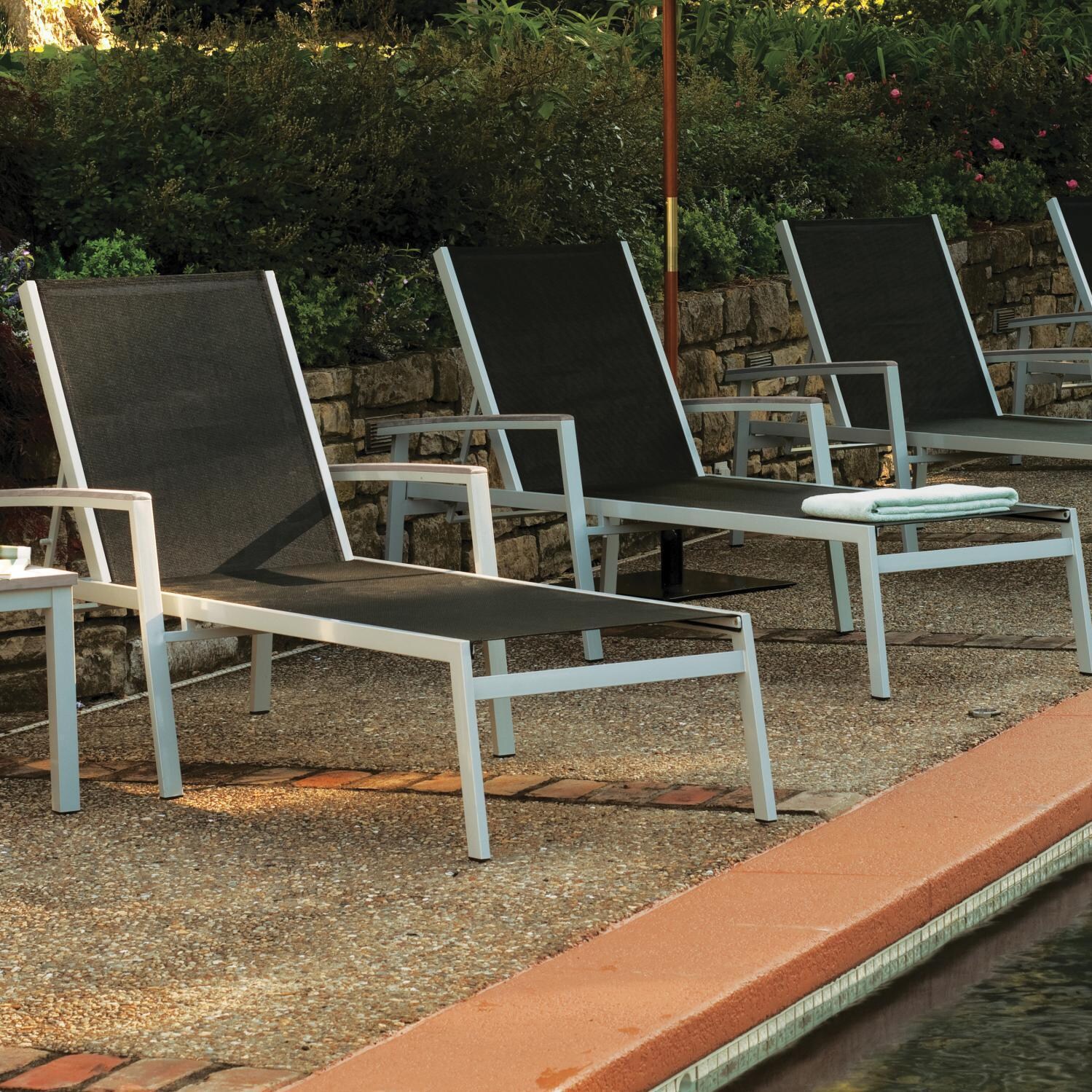 Travira Aluminum Patio Chaise Lounge W/ Black Sling & Vintage Tekwood Armcaps By Oxford Garden - By the Pool thumbnail