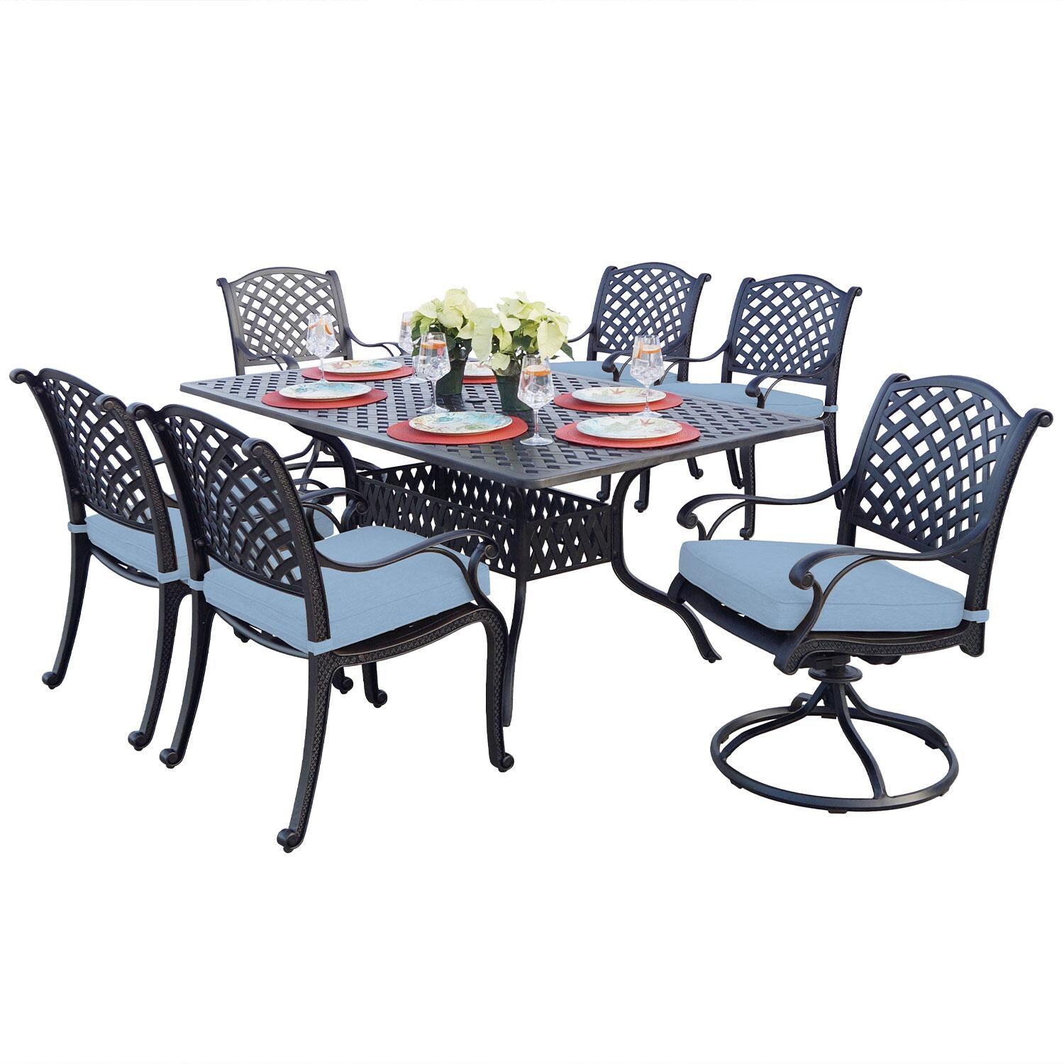 Nassau 7 Pc Cast Aluminum Patio Dining Set W/ 2 Swivel Rockers & Blue Cushions By Darlee - Display - White Background thumbnail