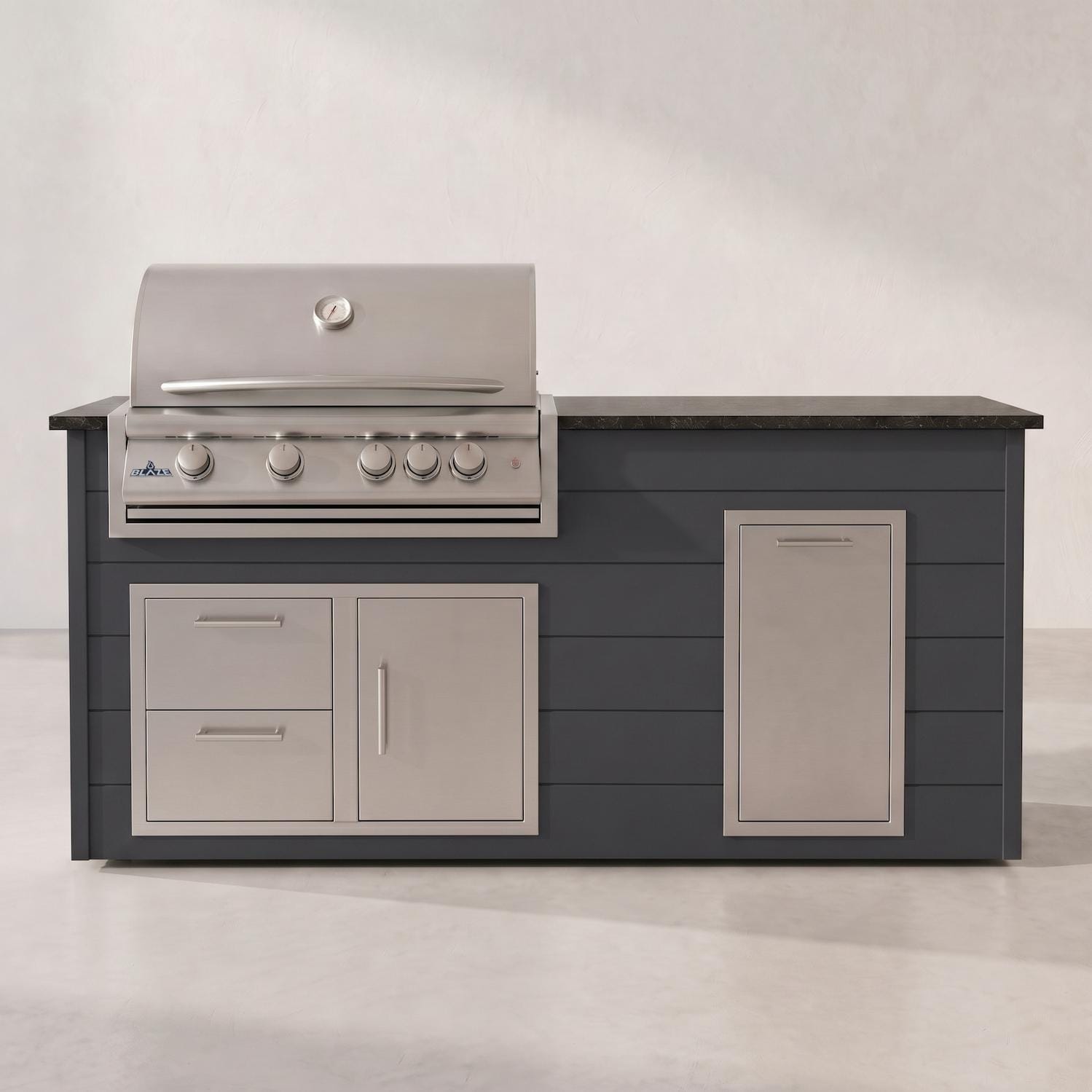 BBQGuys Signature 6 Ft Grill Island w/ 32 Inch Natural Gas Blaze Premium LTE+ Grill, Narrow Trash Bin & Door & Drawer | Asphalt Gray w/ Nero Mist Granite - Front - White Background thumbnail