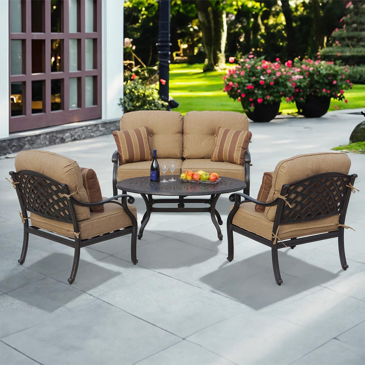 Nassau 4 Pc Cast Aluminum Loveseat Seating Set w/ 46 X 31 Inch Oval Table & Throw Pillows in Antique Bronze/Sesame by Darlee