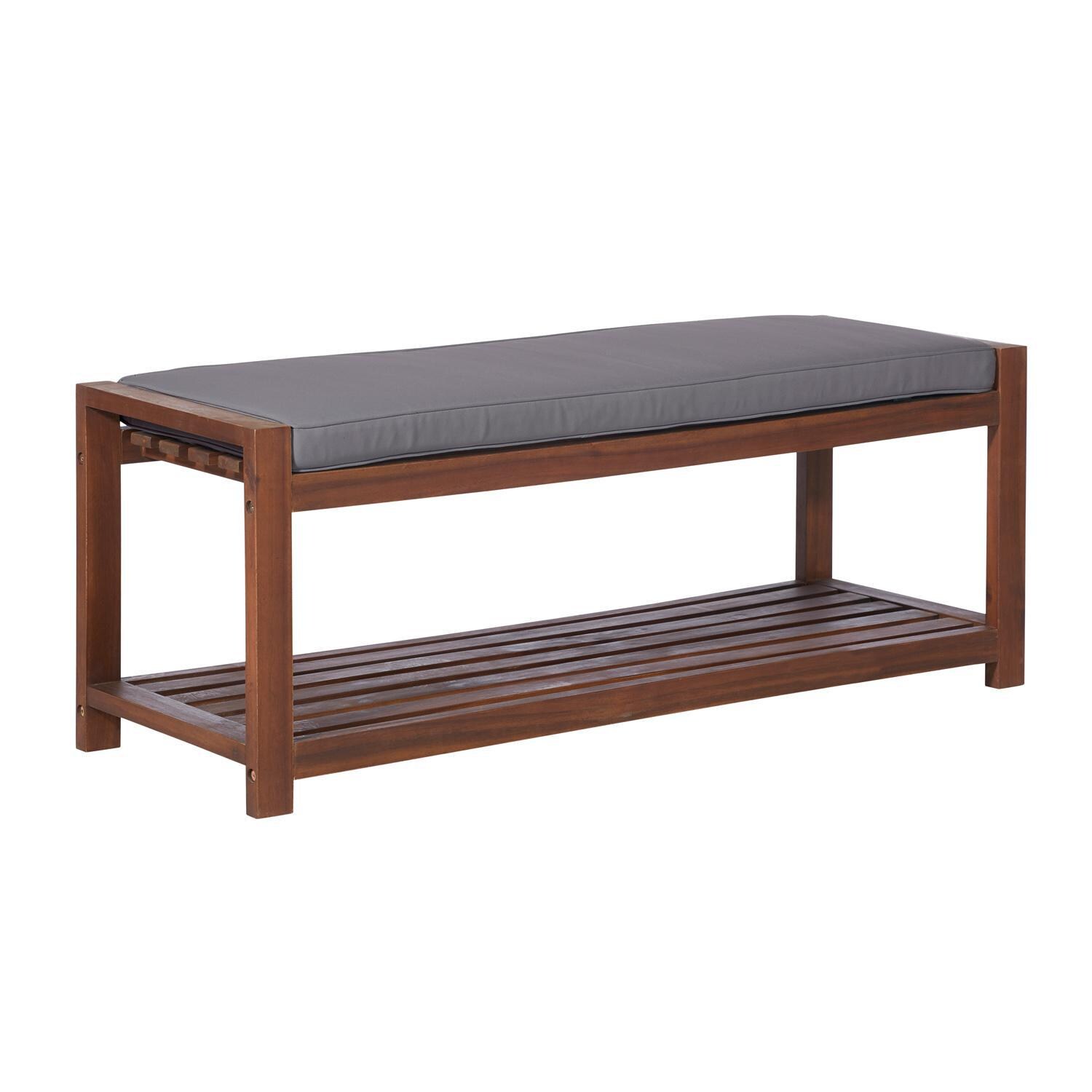Ultimate Patio Wishlake 48 Inch Acacia Patio Bench W/ Storage Shelf & Gray Cushion - Dark Brown - Left Side Angled View thumbnail