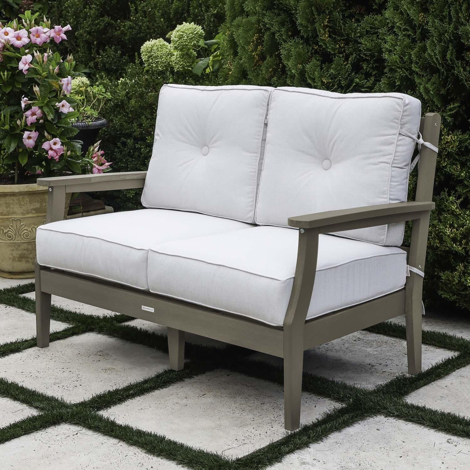 Blushing Bay 2 Person Recycled Plastic Loveseat in Bliss Linen/Woodland Brown by Lakeview Outdoor Designs - Right Angled - Lifestyle thumbnail