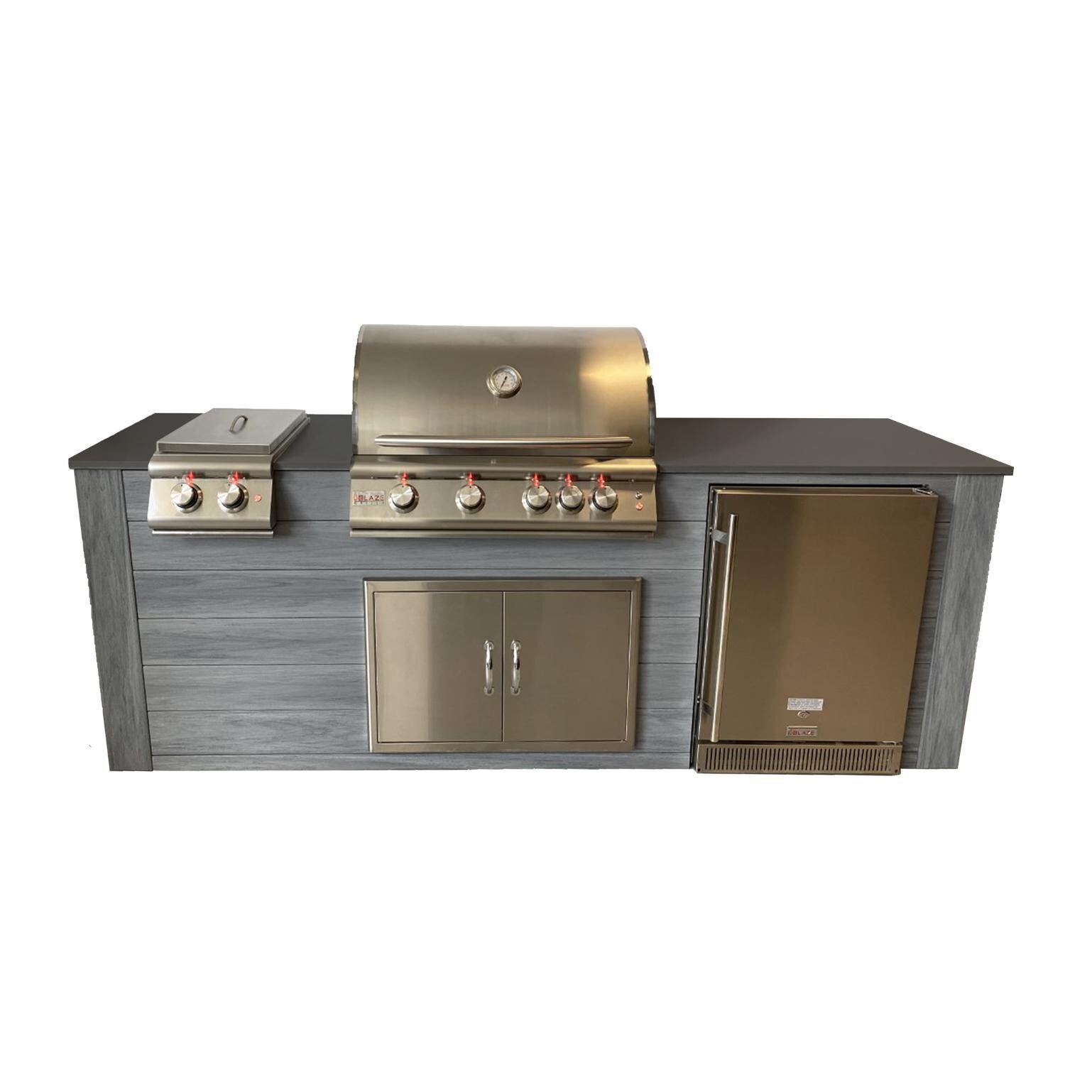 Pro-Fit 8-Foot Outdoor Kitchen Island W/ Blaze Premium LTE 32-Inch Propane Gas Grill, Double Side Burner & Refrigerator - Driftwood Grey / Grigio Piombo Satin image