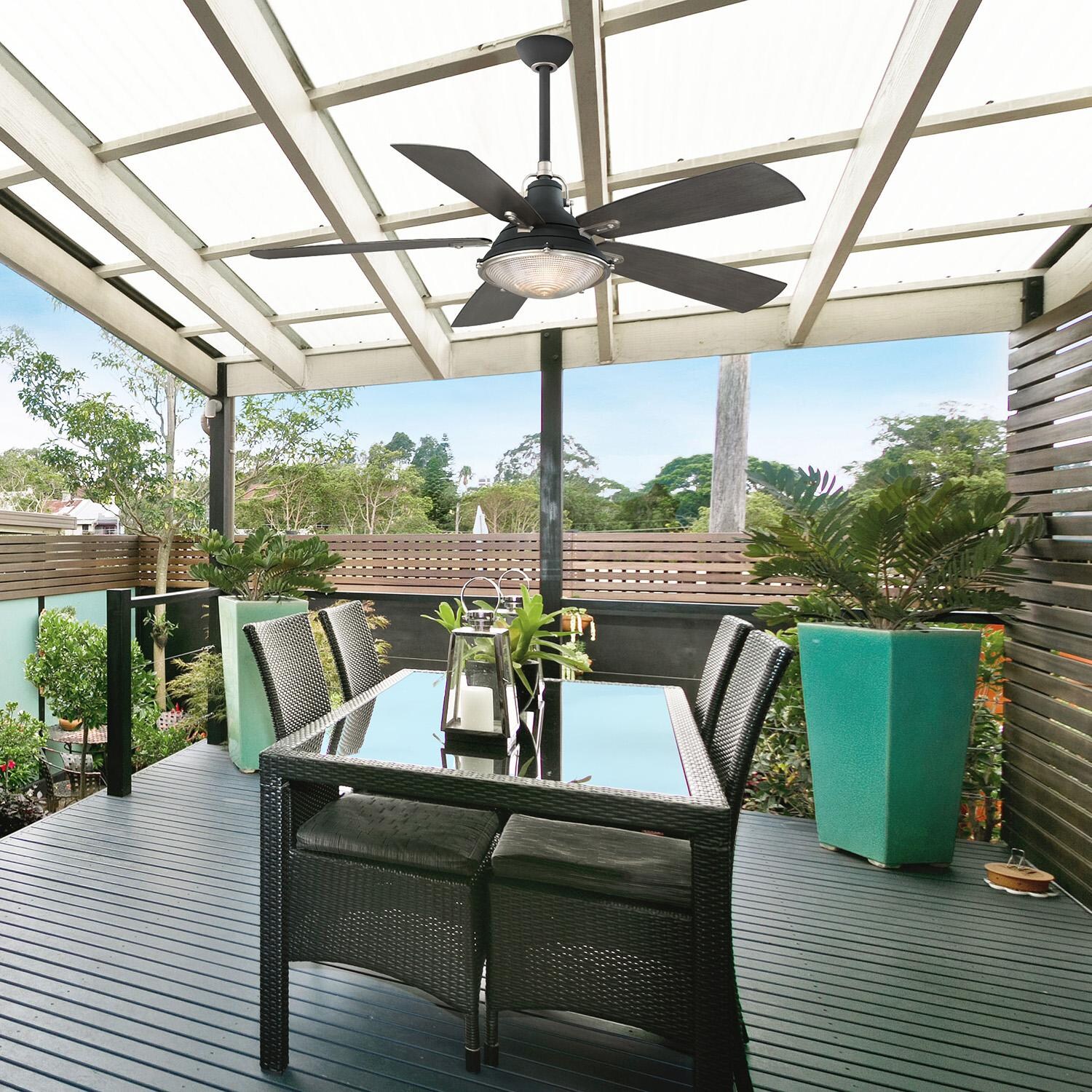 Minka-Aire F681L-ORB Groton 56-Inch 5-Blade LED Ceiling Fan in Oil Rubbed Bronze Finish w/ Dark Pine Blades & Clear Fresnel Lens - Outdoor Dining (Shown in Sand Black & Weathered Steel) thumbnail