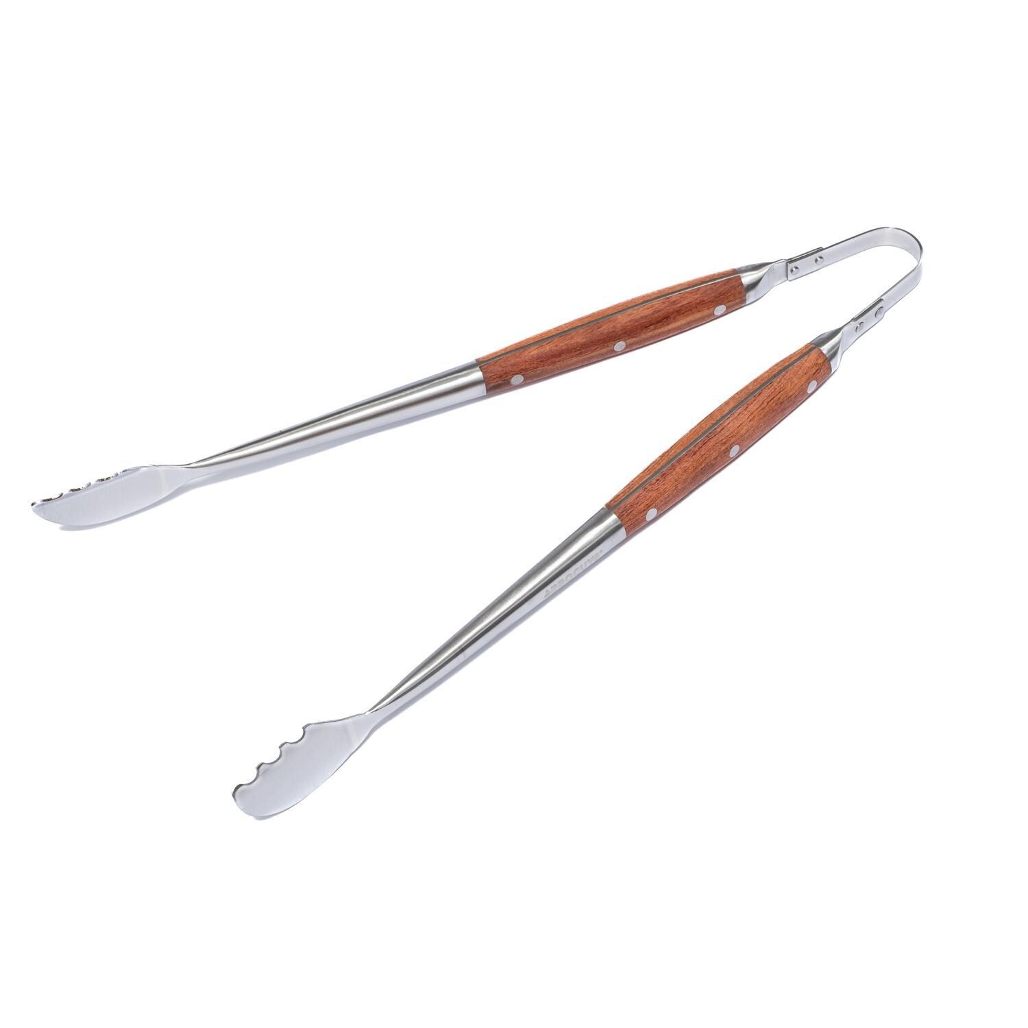 BBQGuys Signature BBQ-4PCW-TST 4-Piece Stainless Steel W/ Wooden Handles Tool Set - Tongs Open thumbnail