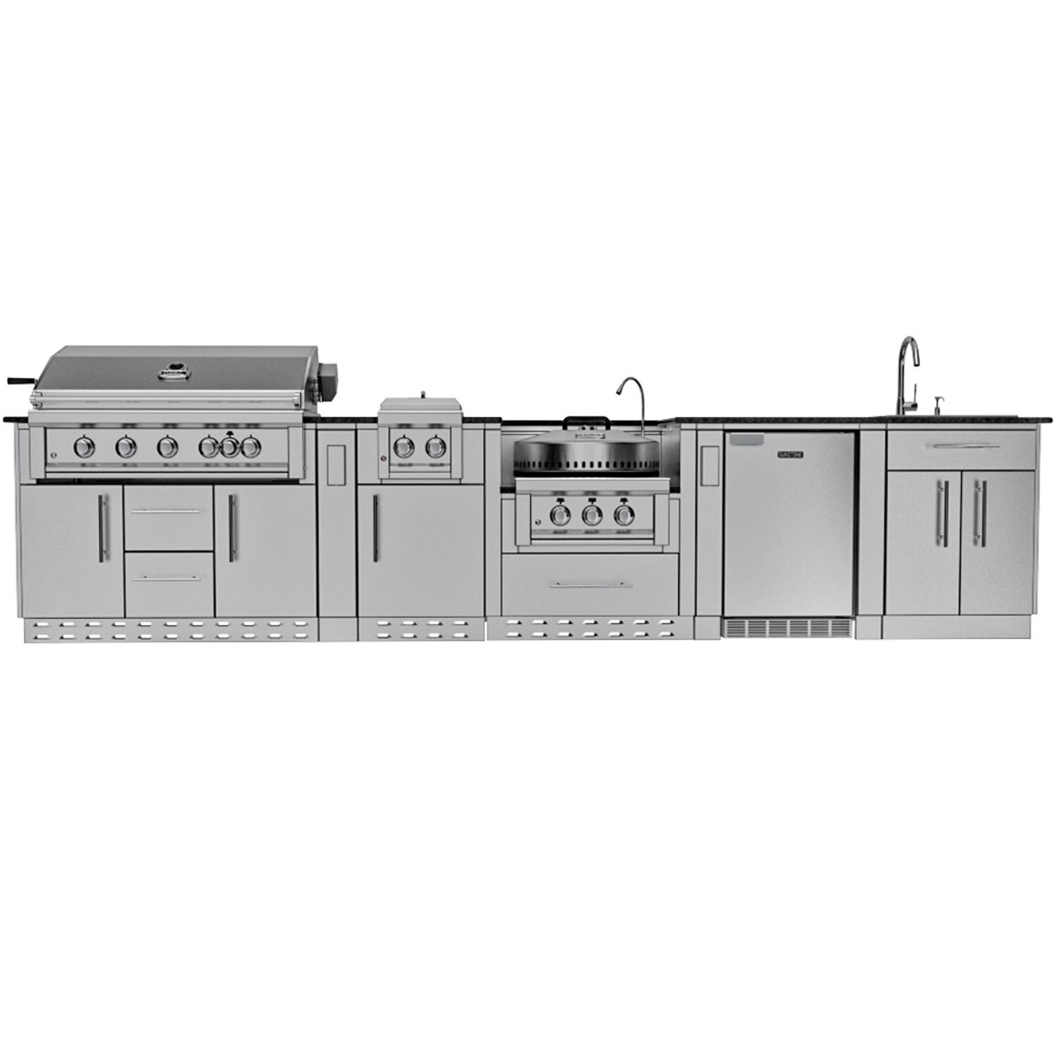 Sunstone Grills SCPHILLCOUNTRY13.6-NG Hill Country 13 1/2 Ft Outdoor Kitchen Island w/ Natural Gas Grill & Side Burner, Sink, Refrigerator, Door & Drawer - Island - White Background thumbnail
