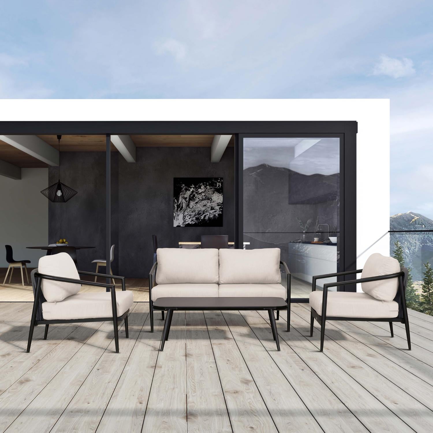 Midnight Cove 4 Pc Aluminum Seating Set w/ Loveseat in Black/Cast Silver by Lakeview Outdoor Designs