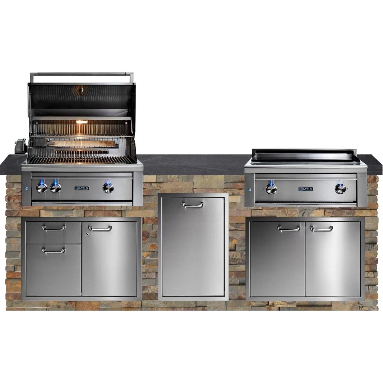 BBQGuys Signature 8-Foot Outdoor Kitchen Island w/ Lynx Professional 30-in Propane Grill & 30-in Asado - Gold Rush Stone | Black Polished Granite by