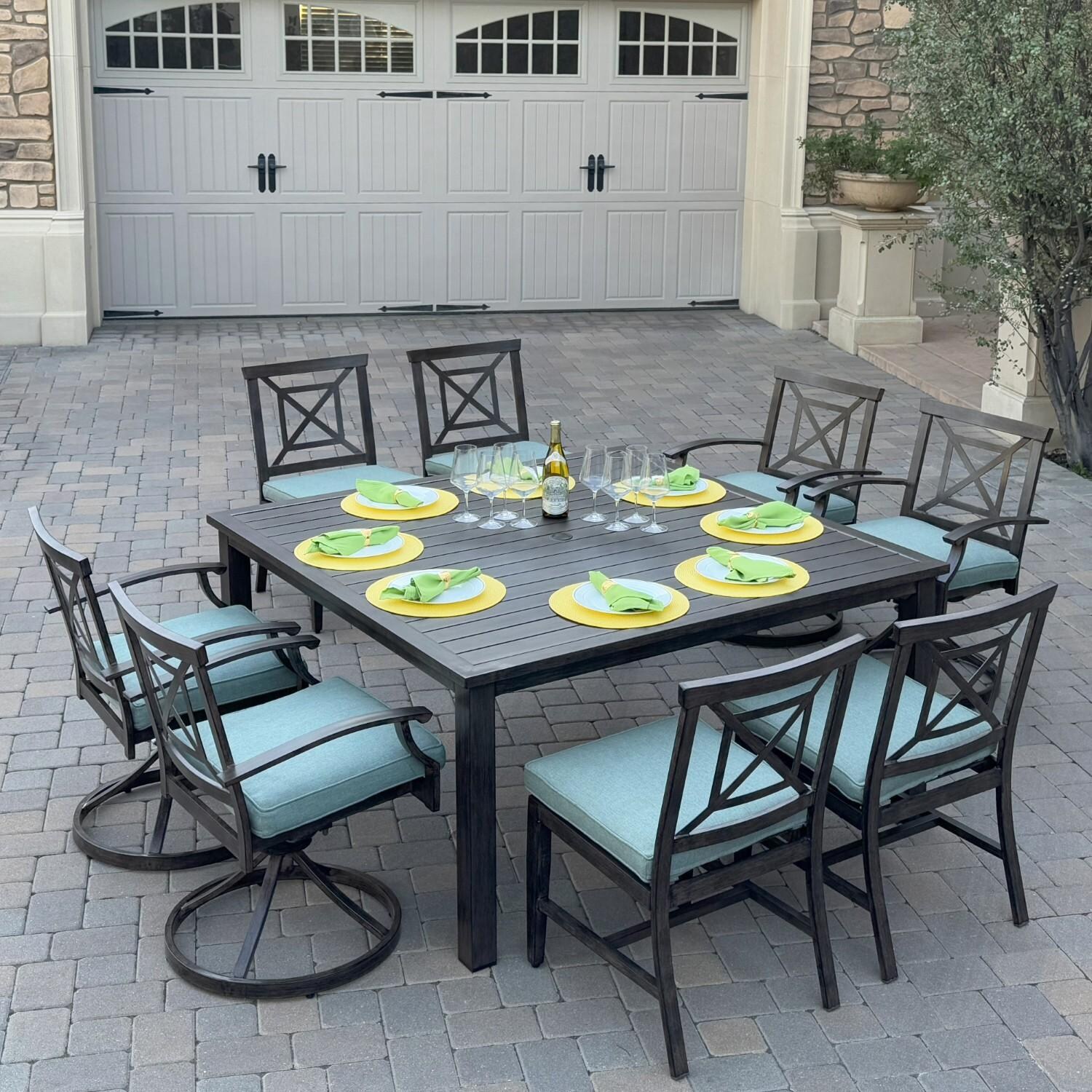 Atlantis 9 Pc Aluminum Dining Set w/ 4 Dining Side Chairs & 4 Swivel Rocker Dining Arm Chairs in Walnut/Spa by Darlee