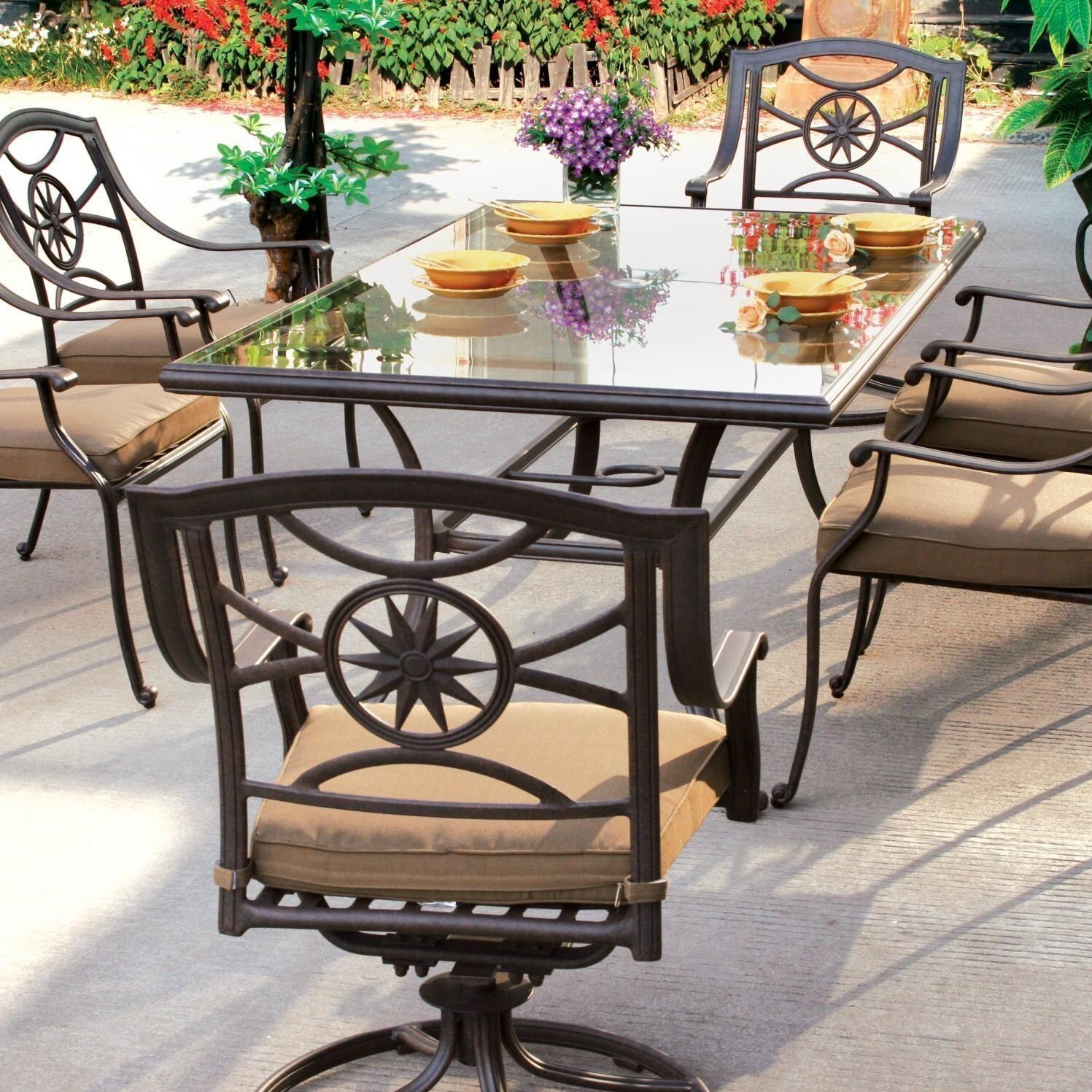 Patio fire costco agio piece bar height dining furniture sets louis st pit table outdoor round chat woven modern seating Darlee Ten Star 7 Piece Cast Aluminum Patio Dining Set With Glass Top