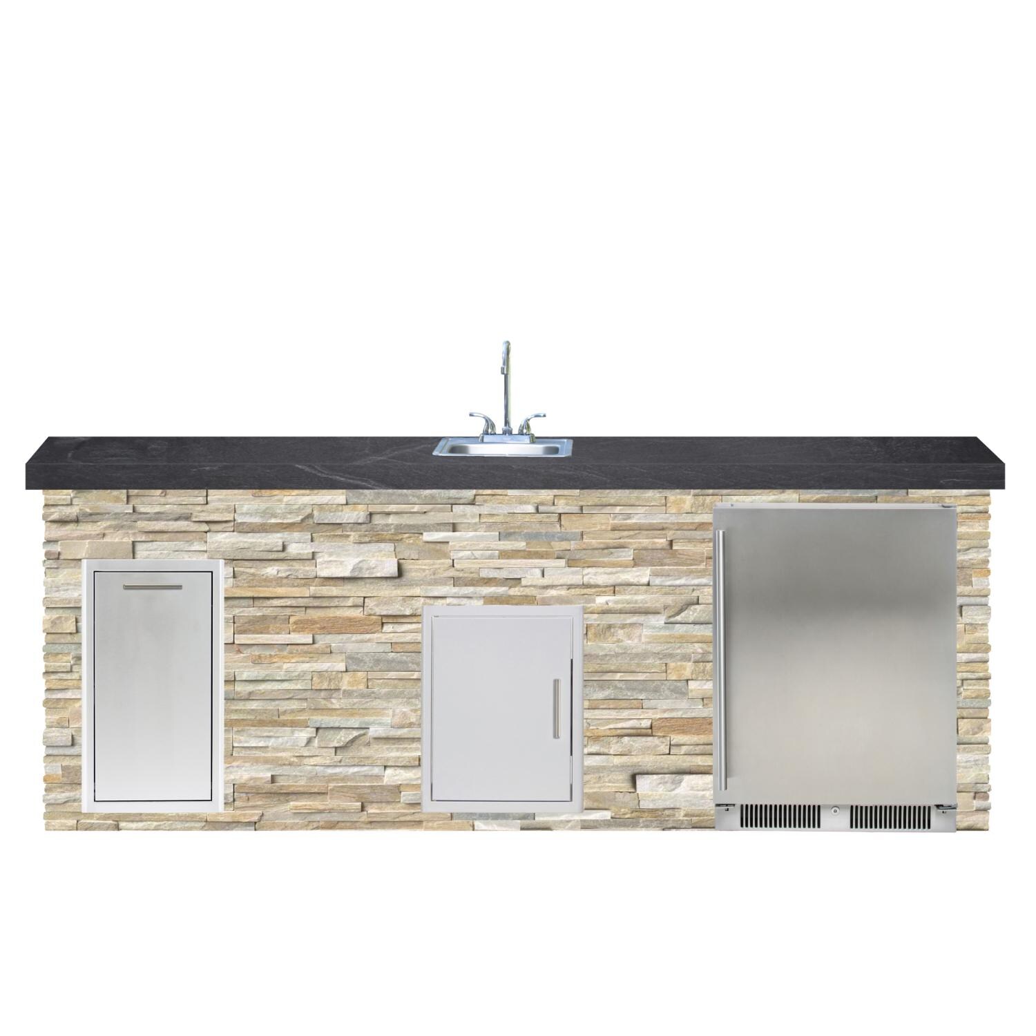BBQGuys Signature 8ft Luxury Outdoor Island W/ Blaze Outdoor Rated Refrigerator & Summerset 15-Inch Sink - Golden Honey Stone W/ Black Polished Granite