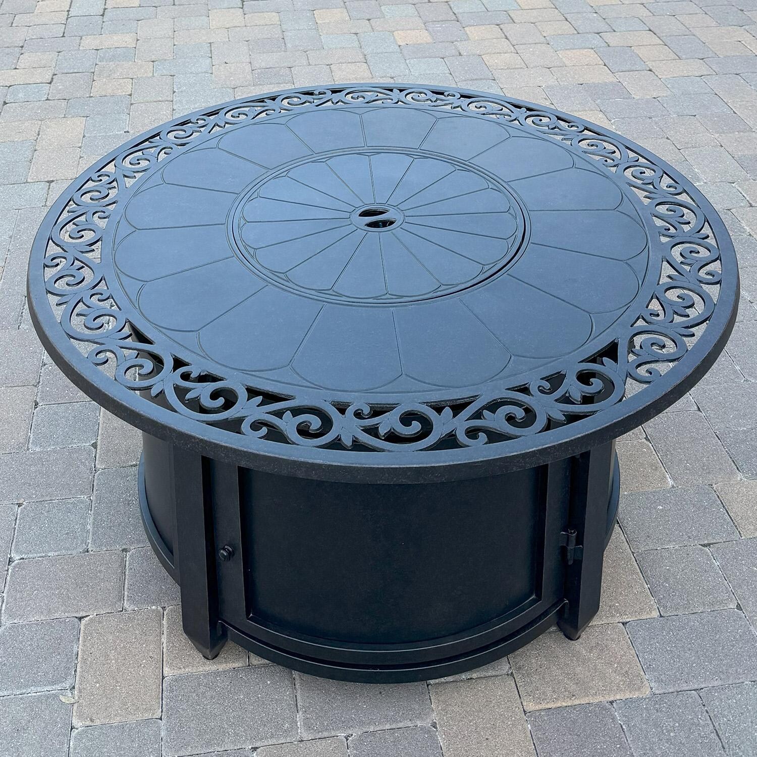 Madison 5 Pc Cast Aluminum Fire Pit Seating Set w/ Swivel Rockers in Antique Bronze/Sesame by Darlee - Fire Pit Table - Lifestyle thumbnail