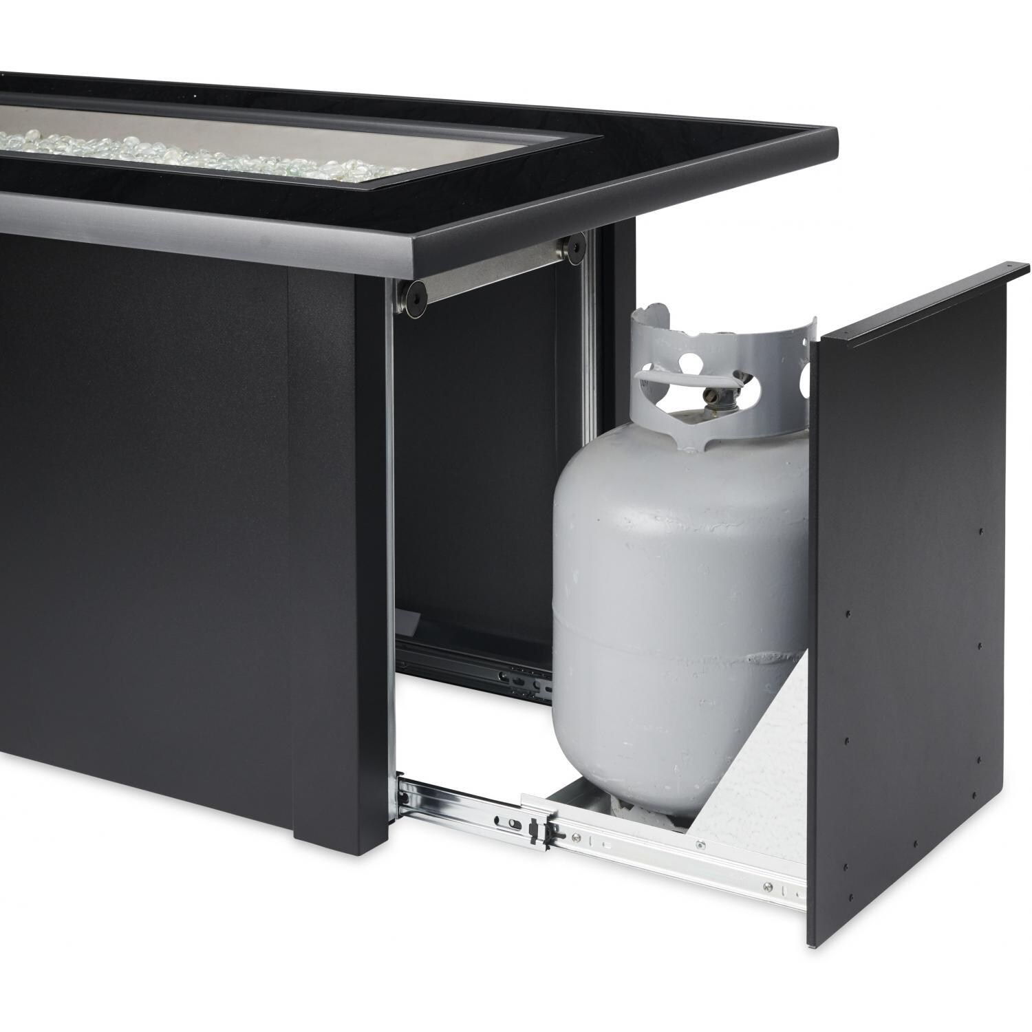 Lakeview Outdoor Designs Anchor Lake Linear Gas Fire Pit Table - Access Door Provides Convenient Storage For Propane Tanks - White Background thumbnail