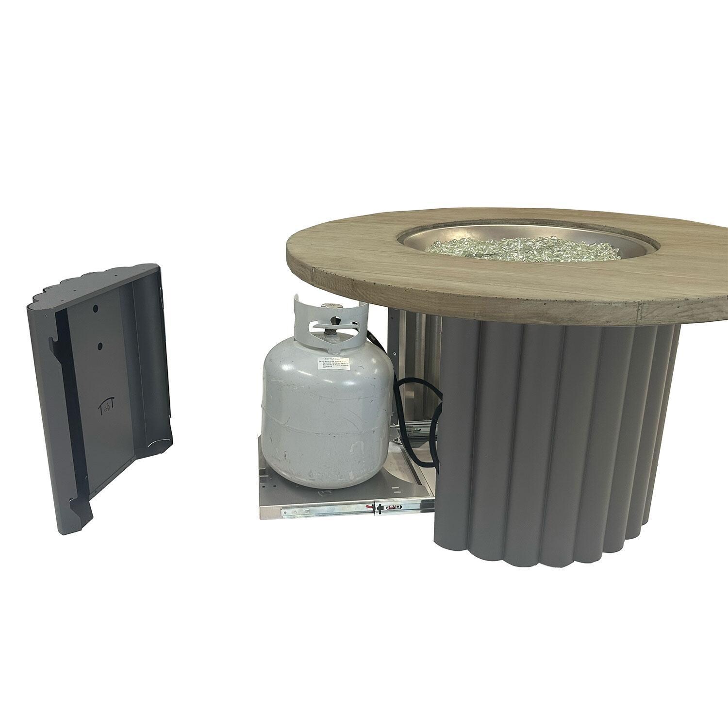 Reverie REVSCH-42-K-NG 42-in Round Aluminum Natural Gas Fire Pit Table w/ Smokey Oak Supercast Top & Charcoal Base (Ships Propane w/ Conversion Kit) - Tank Drawer - White Background thumbnail